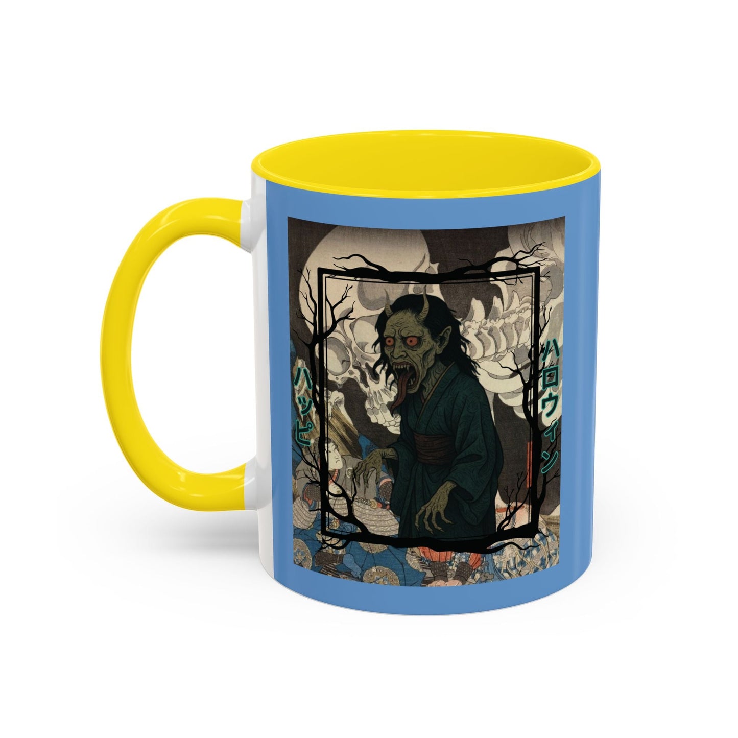 Yōkai Happy Halloween Light Blue Accent Mug by cypherpunkgear.com – cypherpunkgear.com | Cypherpunk Merch
