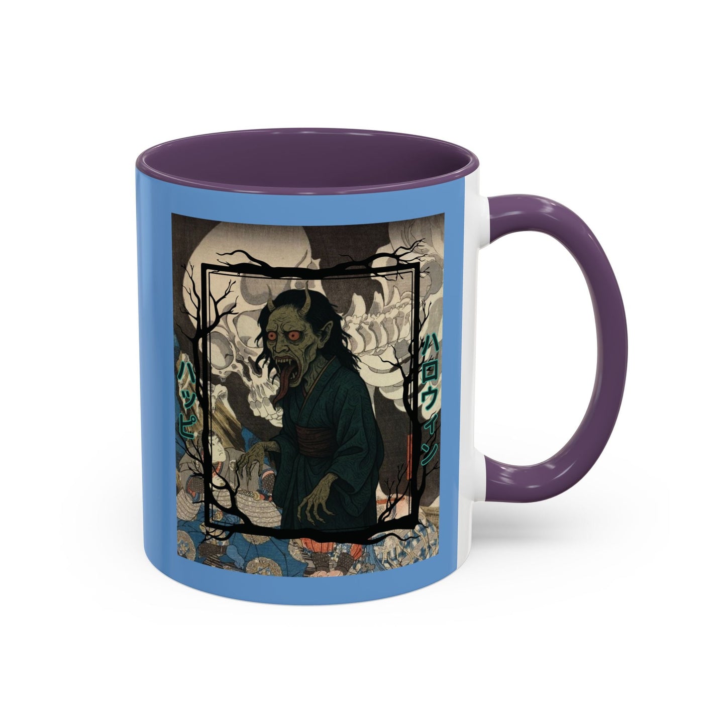 Yōkai Happy Halloween Light Blue Accent Mug by cypherpunkgear.com – cypherpunkgear.com | Cypherpunk Merch