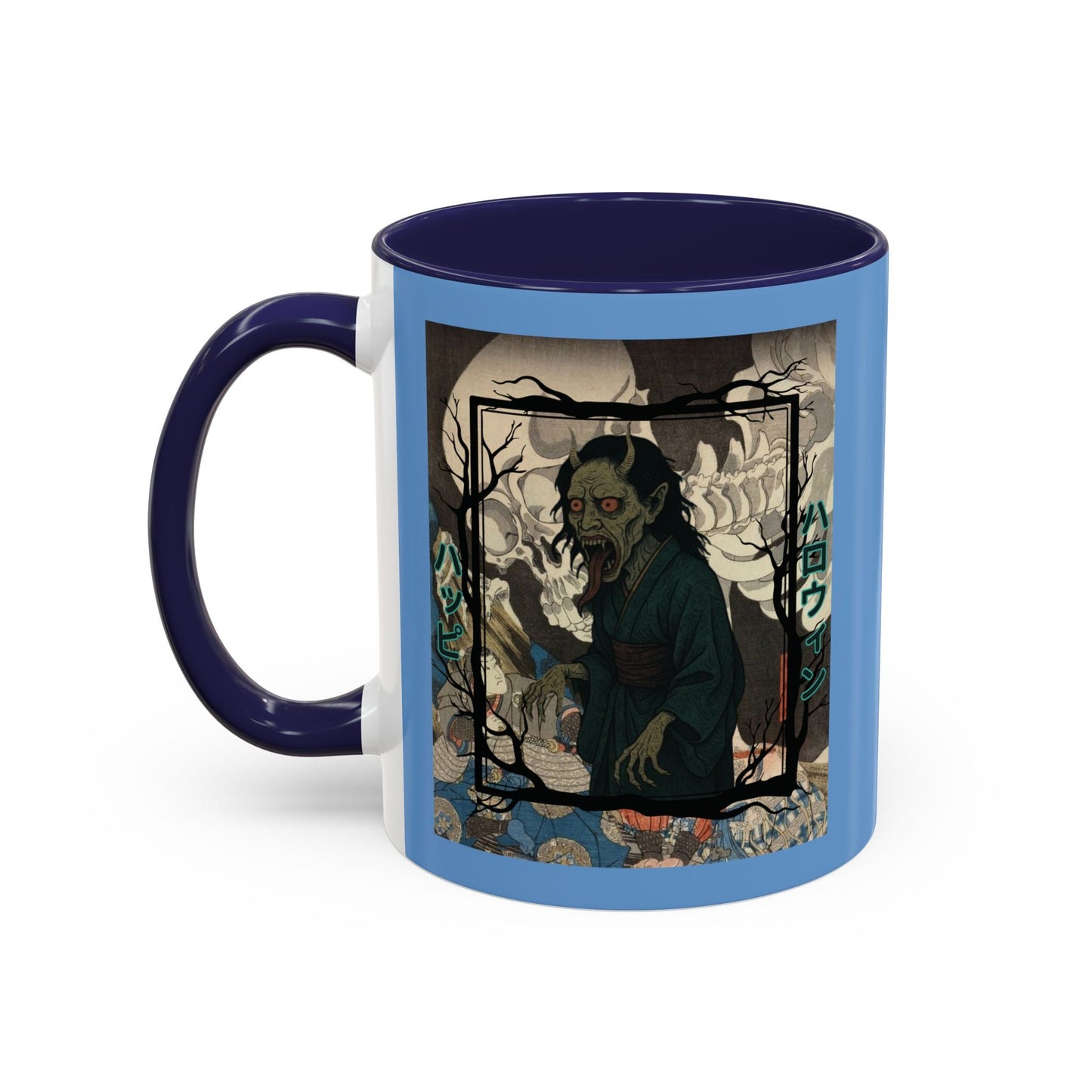Yōkai Happy Halloween Light Blue Accent Mug by cypherpunkgear.com – cypherpunkgear.com | Cypherpunk Merch