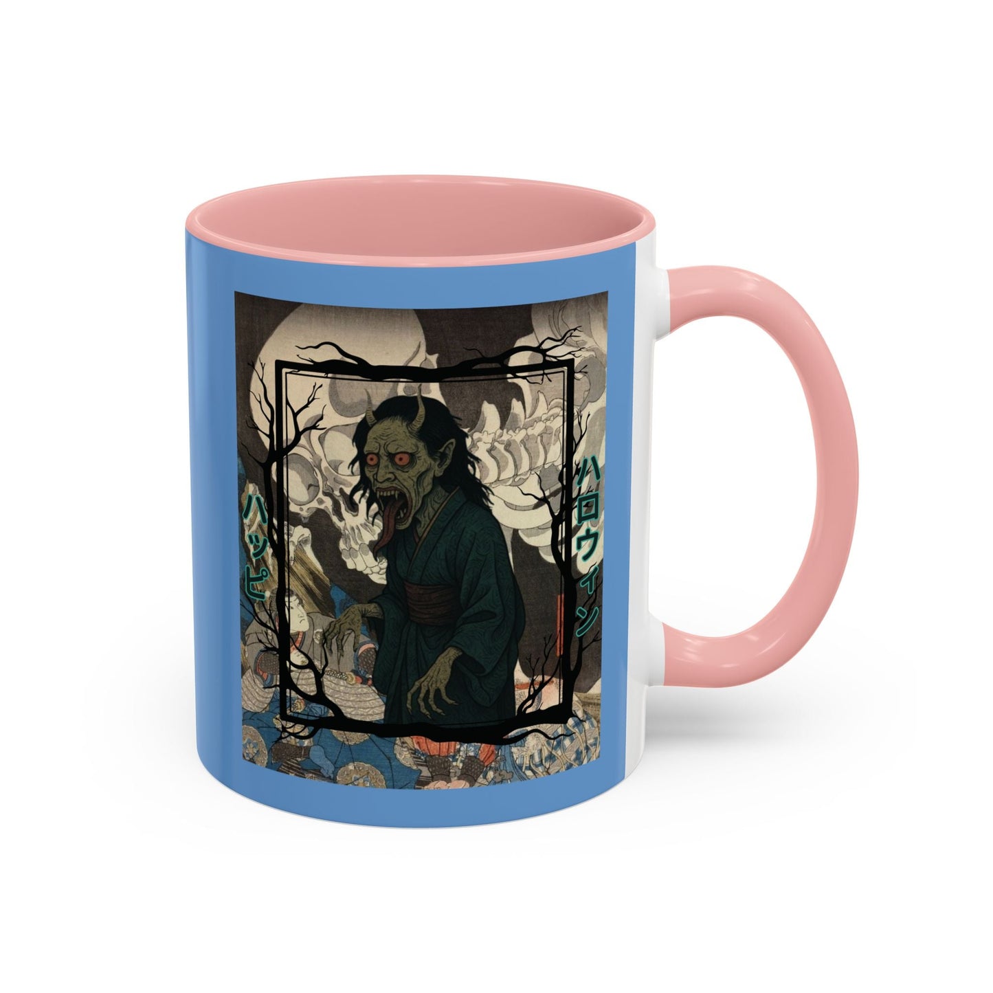 Yōkai Happy Halloween Light Blue Accent Mug by cypherpunkgear.com – cypherpunkgear.com | Cypherpunk Merch