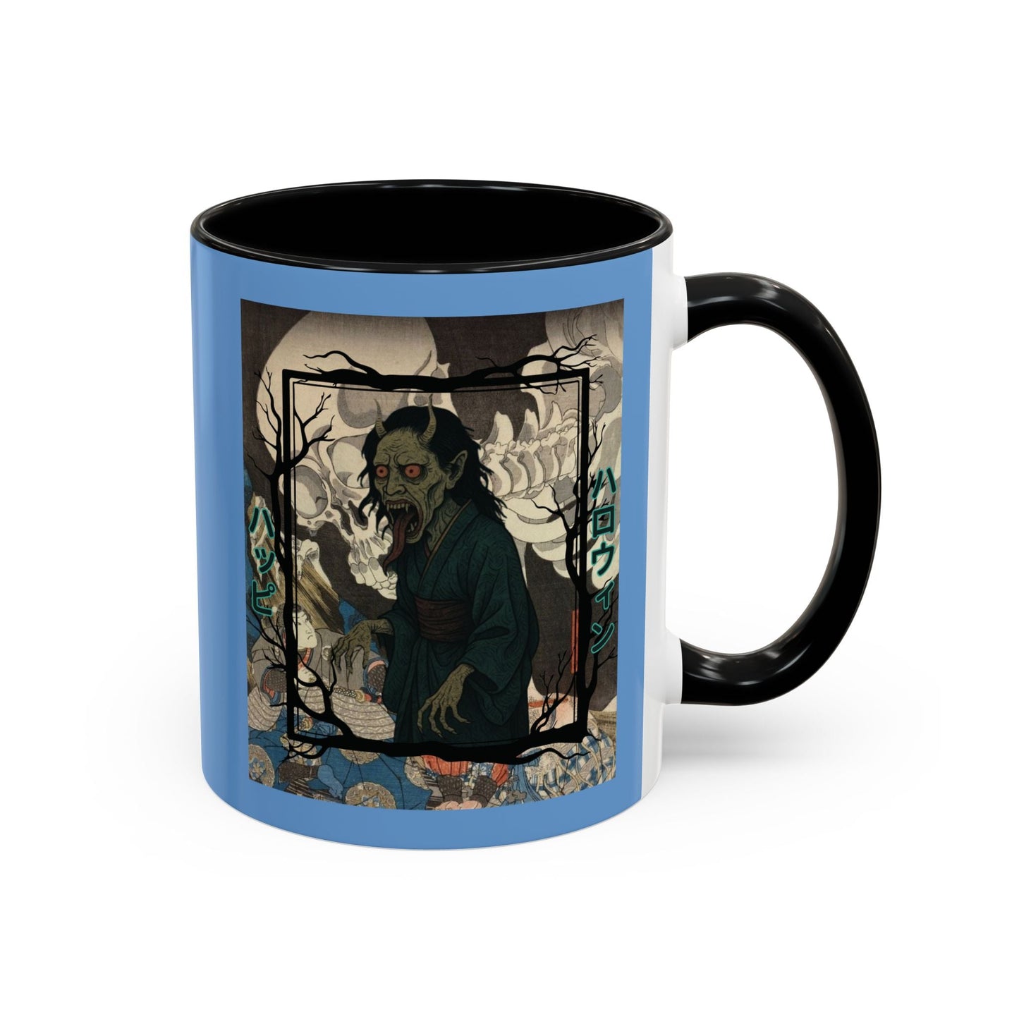 Yōkai Happy Halloween Light Blue Accent Mug by cypherpunkgear.com – cypherpunkgear.com | Cypherpunk Merch