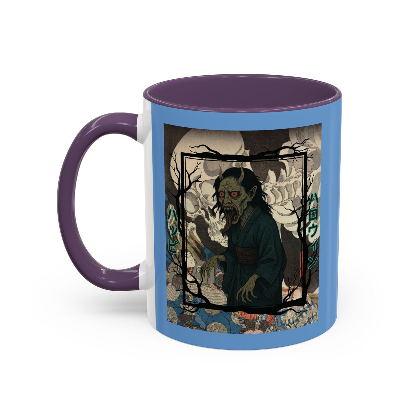 Yōkai Happy Halloween Light Blue Accent Mug by cypherpunkgear.com – cypherpunkgear.com | Cypherpunk Merch