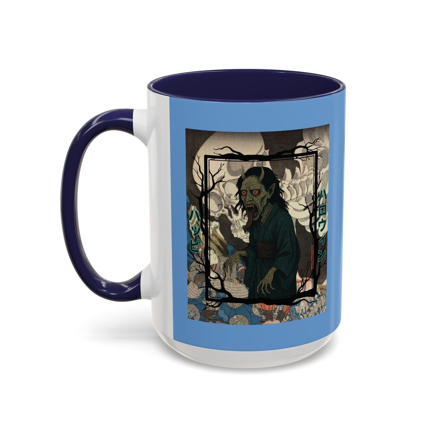 Yōkai Happy Halloween Light Blue Accent Mug by cypherpunkgear.com – cypherpunkgear.com | Cypherpunk Merch