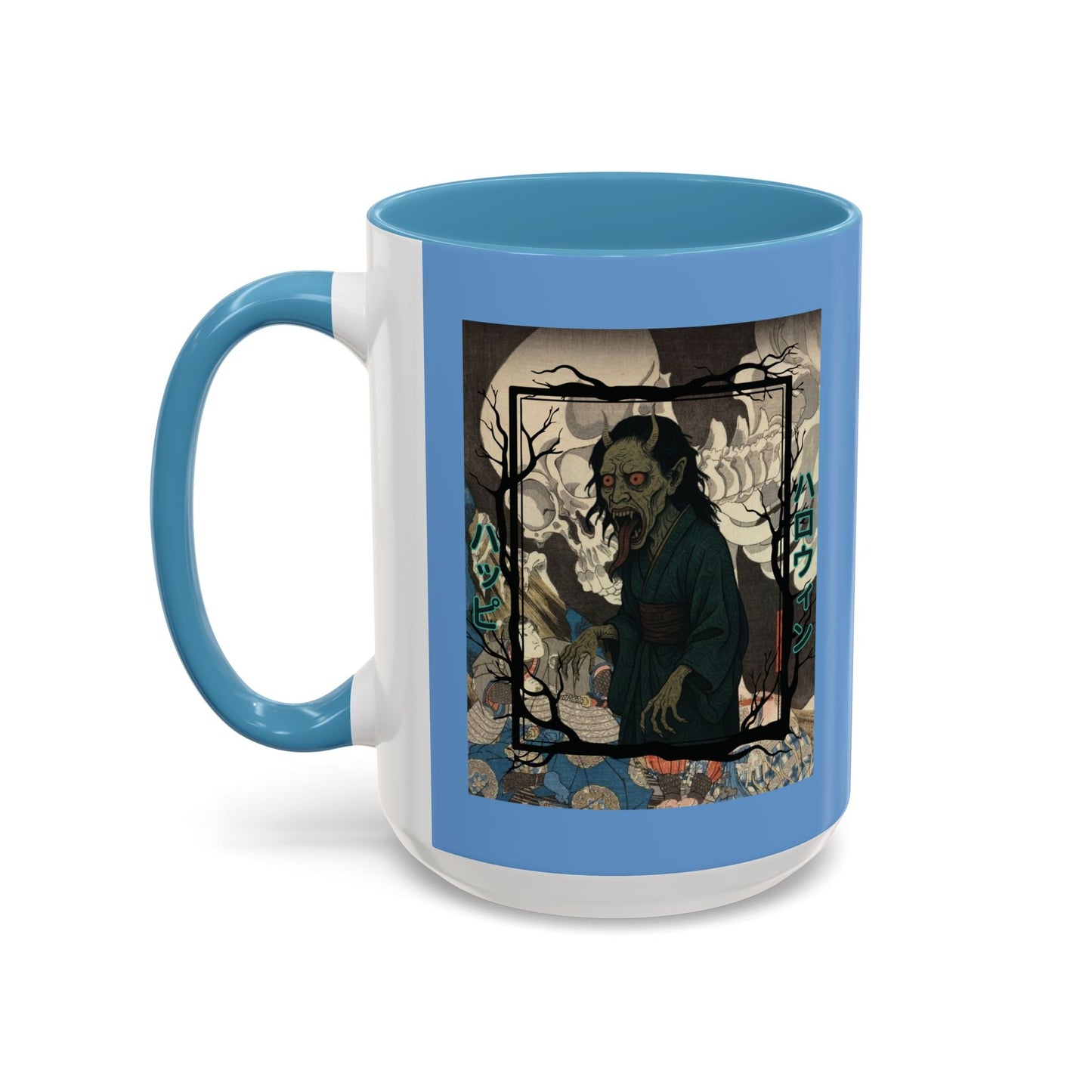 Yōkai Happy Halloween Light Blue Accent Mug by cypherpunkgear.com – cypherpunkgear.com | Cypherpunk Merch