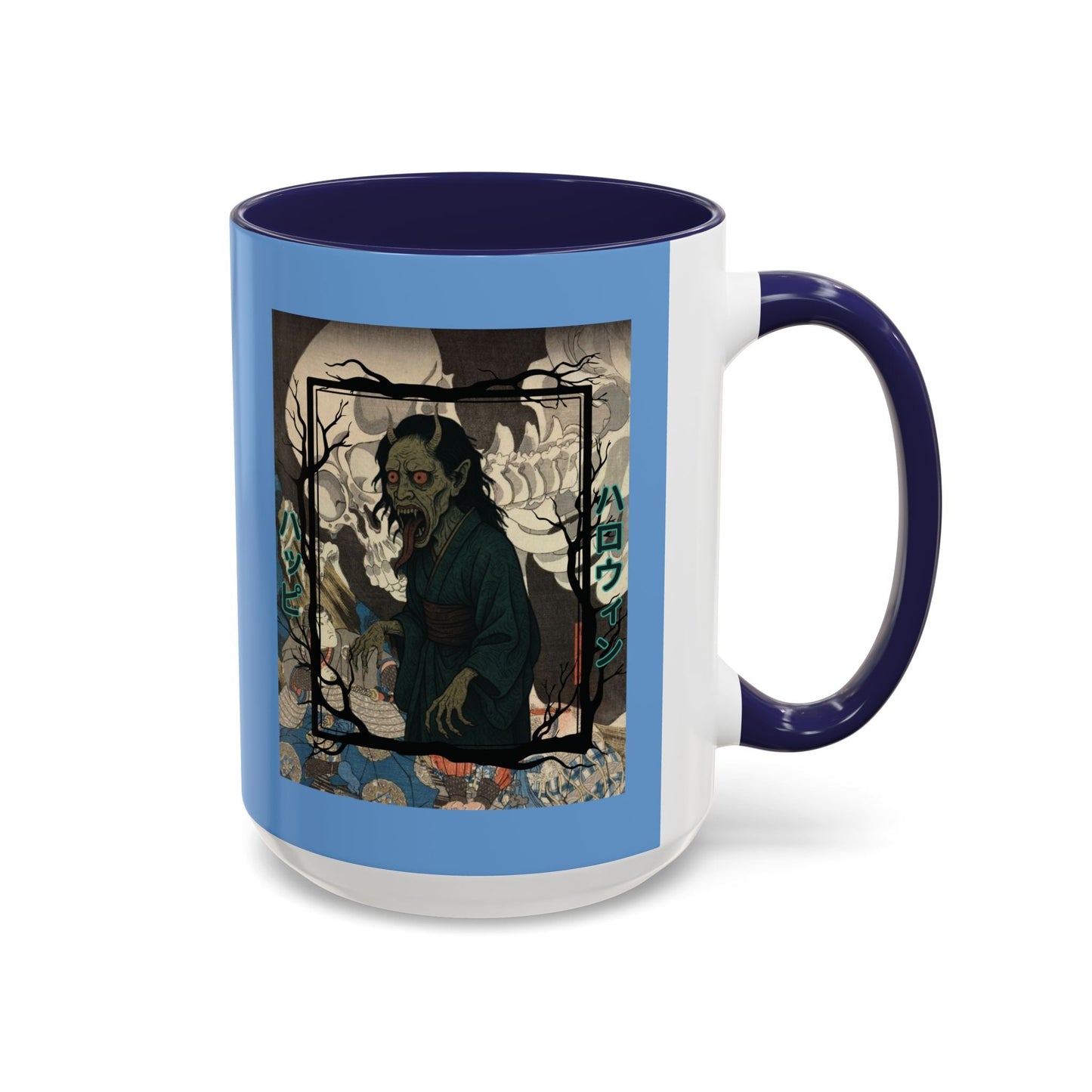 Yōkai Happy Halloween Light Blue Accent Mug by cypherpunkgear.com – cypherpunkgear.com | Cypherpunk Merch