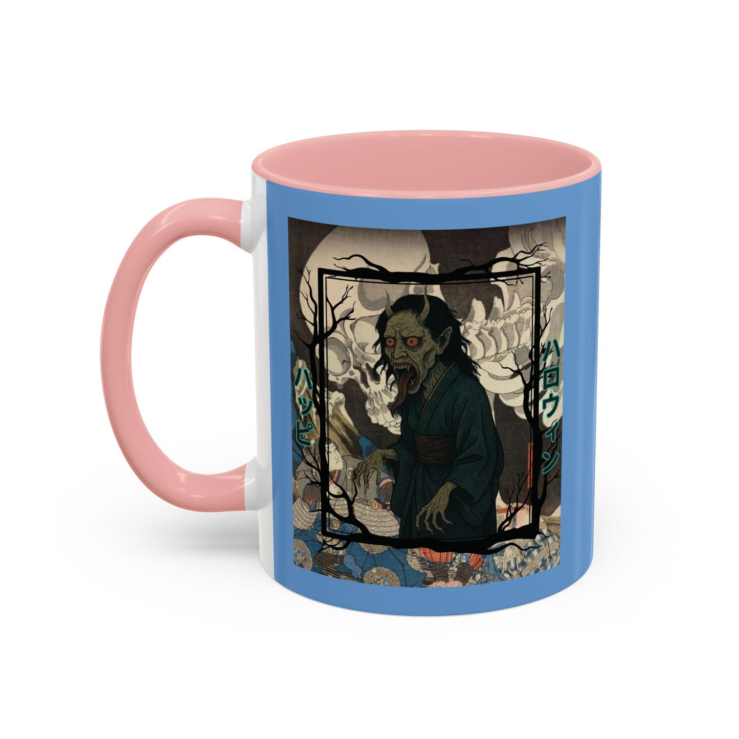 Yōkai Happy Halloween Light Blue Accent Mug by cypherpunkgear.com – cypherpunkgear.com | Cypherpunk Merch
