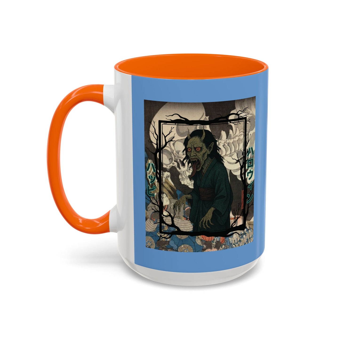 Yōkai Happy Halloween Light Blue Accent Mug by cypherpunkgear.com – cypherpunkgear.com | Cypherpunk Merch