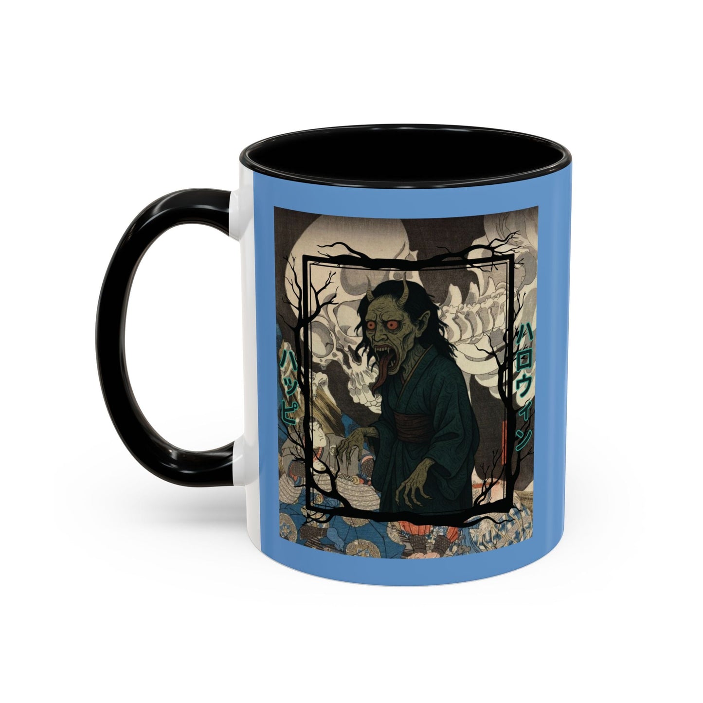 Yōkai Happy Halloween Light Blue Accent Mug by cypherpunkgear.com – cypherpunkgear.com | Cypherpunk Merch