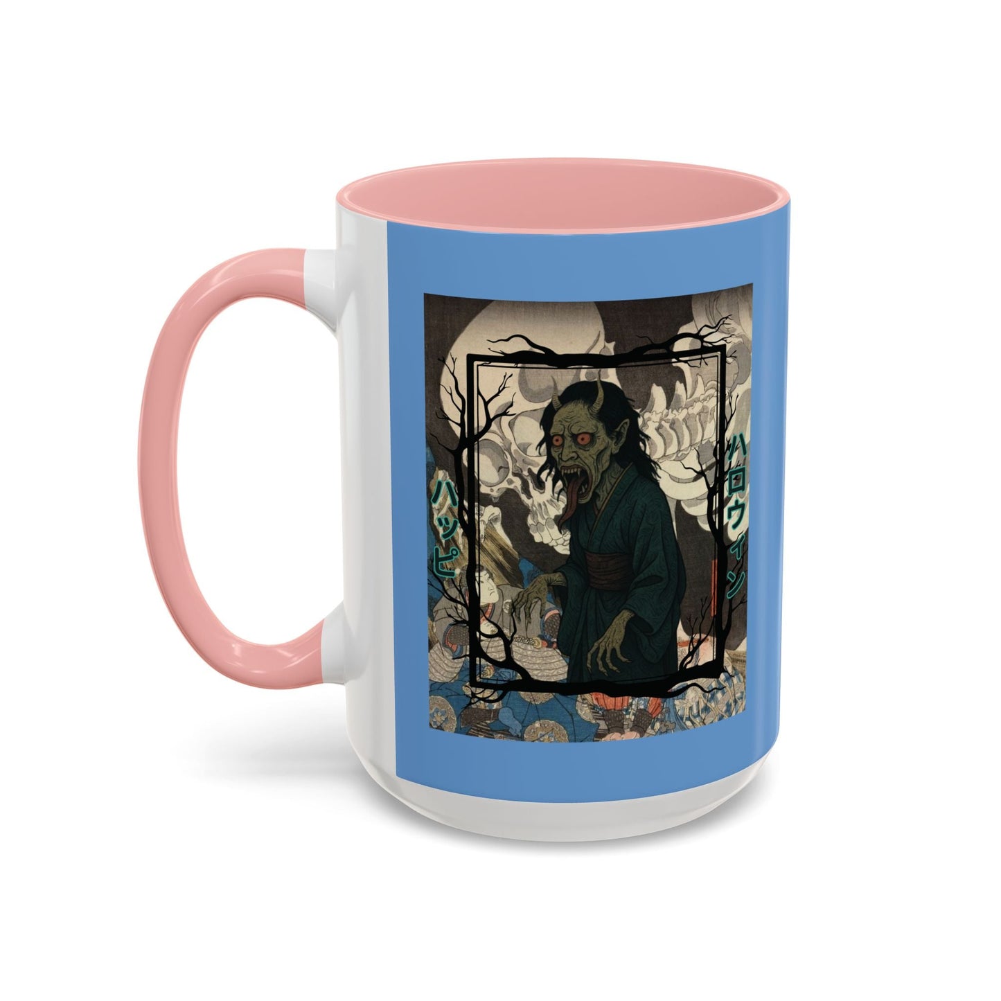 Yōkai Happy Halloween Light Blue Accent Mug by cypherpunkgear.com – cypherpunkgear.com | Cypherpunk Merch