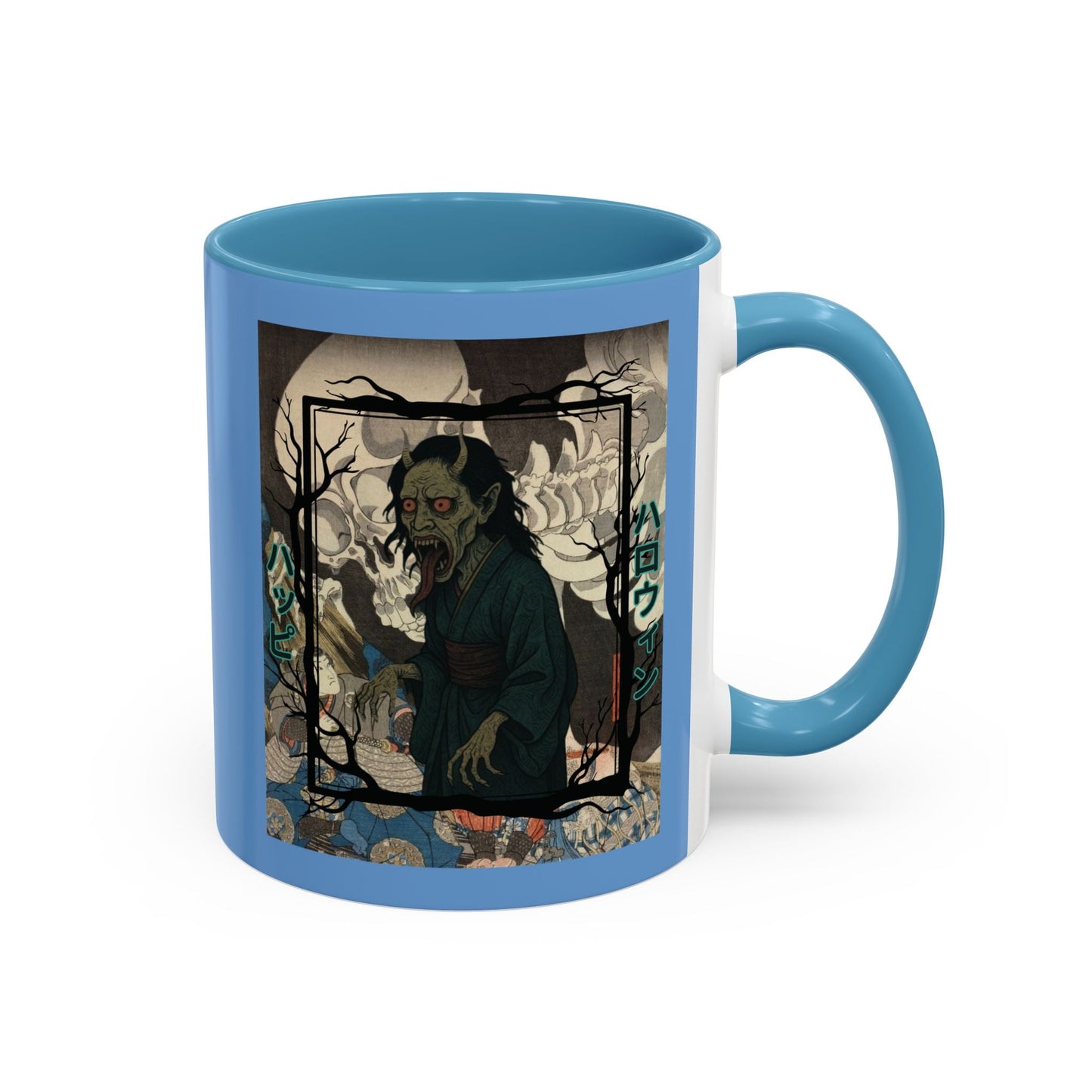 Yōkai Happy Halloween Light Blue Accent Mug by cypherpunkgear.com – cypherpunkgear.com | Cypherpunk Merch