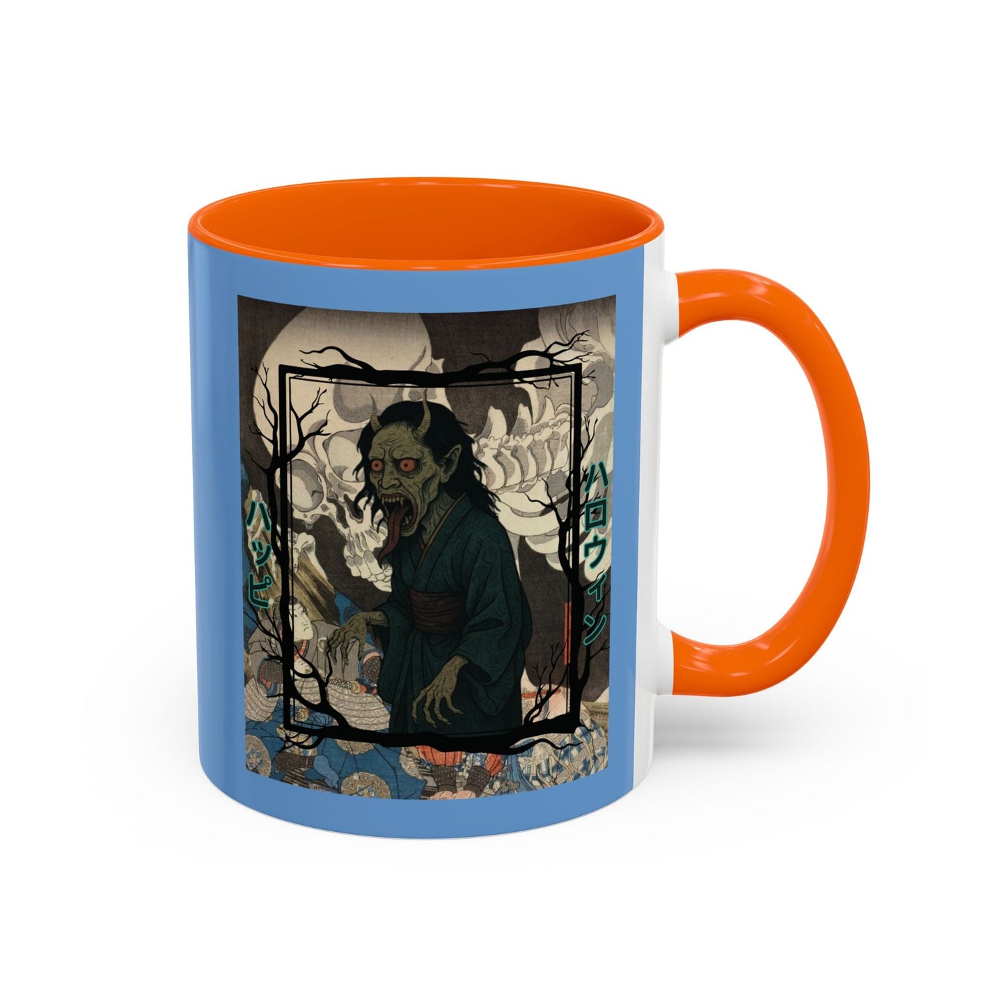 Yōkai Happy Halloween Light Blue Accent Mug by cypherpunkgear.com – cypherpunkgear.com | Cypherpunk Merch
