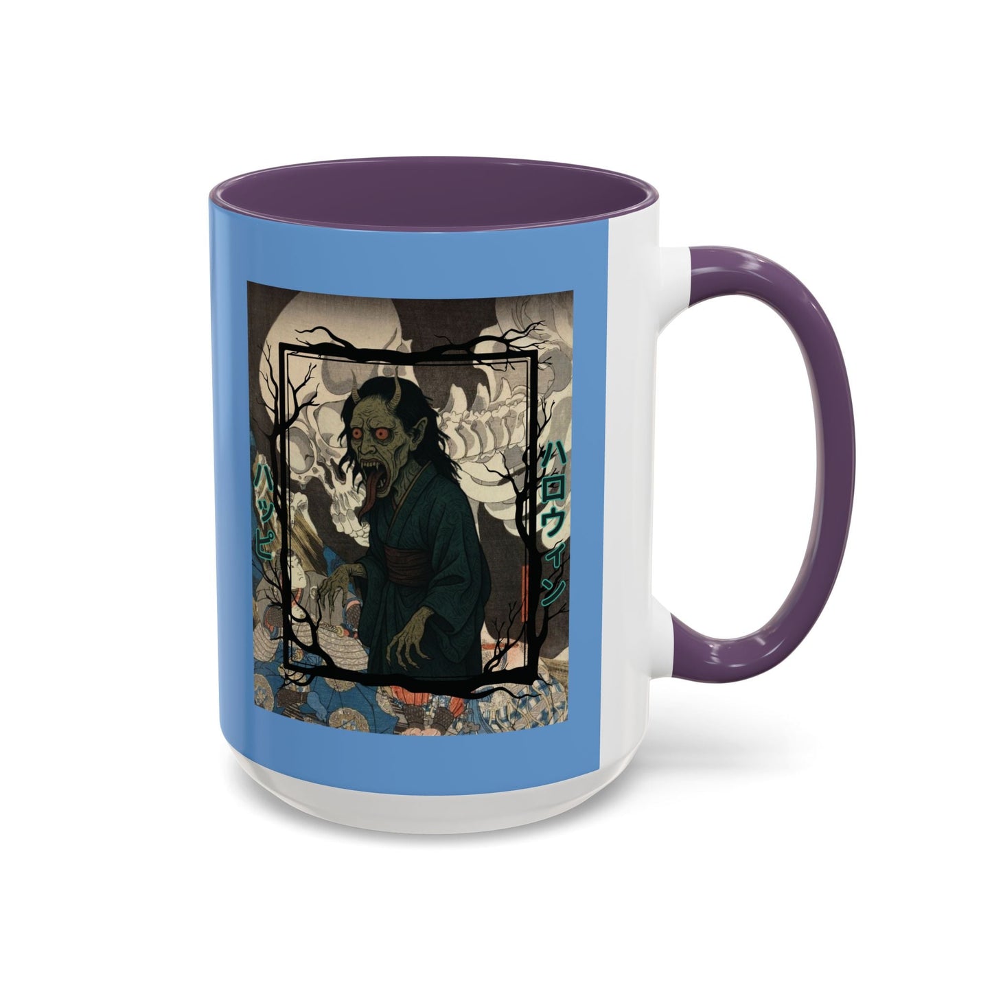 Yōkai Happy Halloween Light Blue Accent Mug by cypherpunkgear.com – cypherpunkgear.com | Cypherpunk Merch