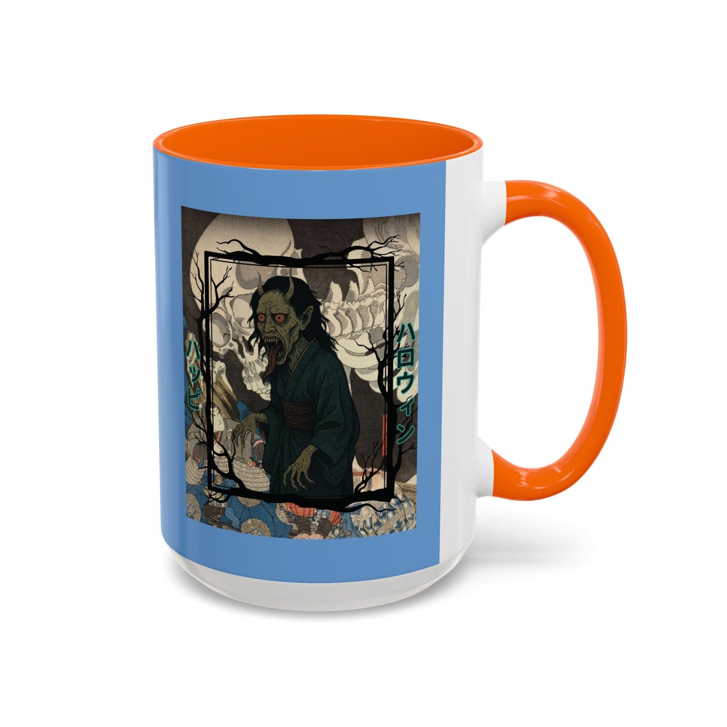 Yōkai Happy Halloween Light Blue Accent Mug by cypherpunkgear.com – cypherpunkgear.com | Cypherpunk Merch