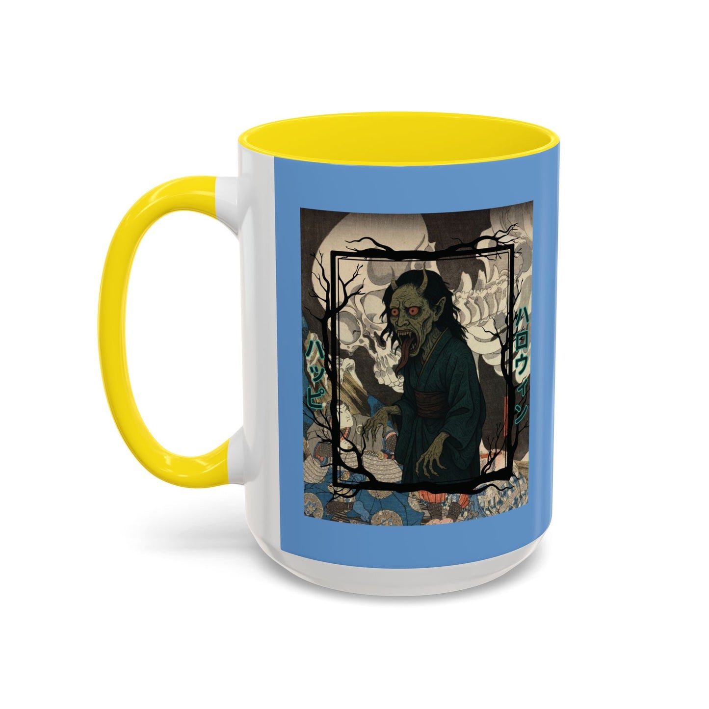 Yōkai Happy Halloween Light Blue Accent Mug by cypherpunkgear.com – cypherpunkgear.com | Cypherpunk Merch