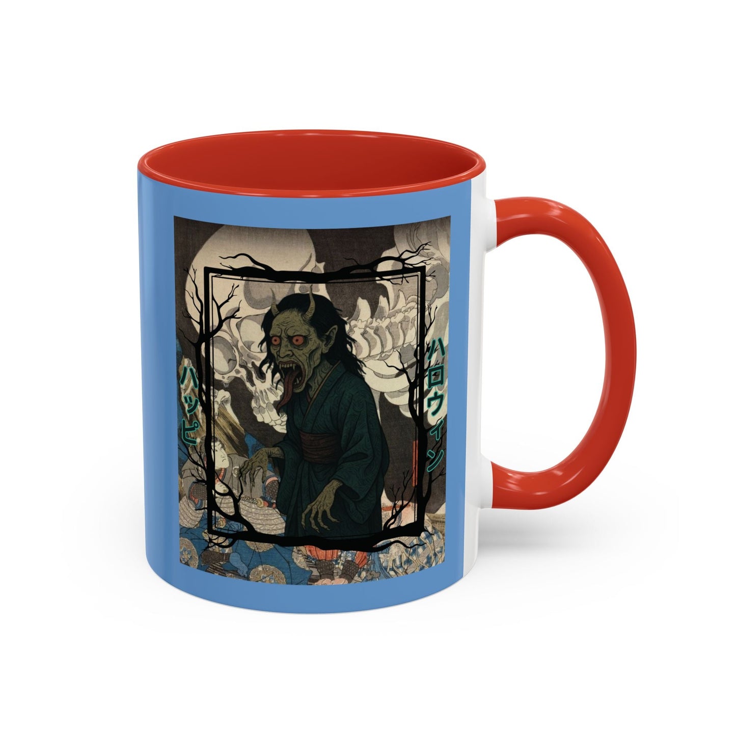 Yōkai Happy Halloween Light Blue Accent Mug by cypherpunkgear.com – cypherpunkgear.com | Cypherpunk Merch