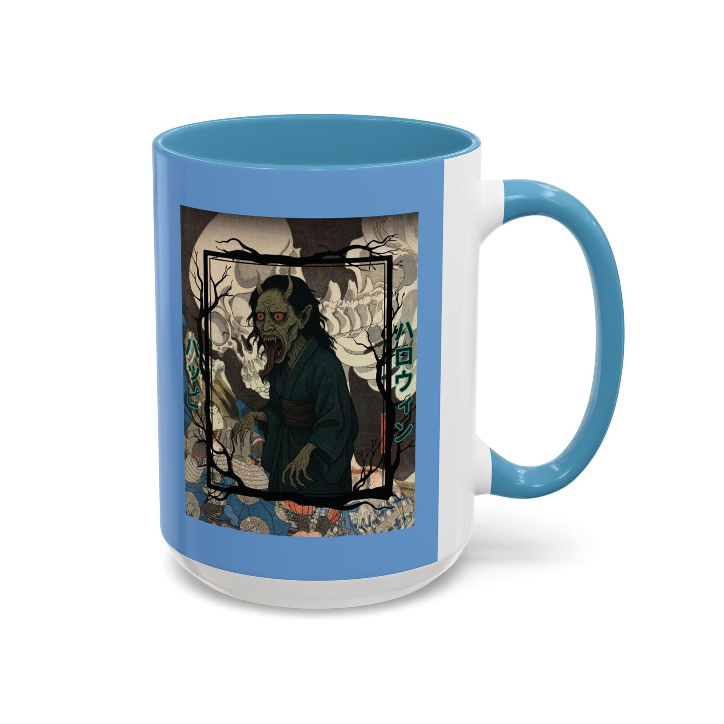 Yōkai Happy Halloween Light Blue Accent Mug by cypherpunkgear.com – cypherpunkgear.com | Cypherpunk Merch