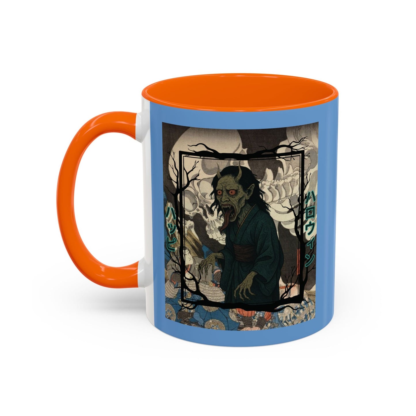 Yōkai Happy Halloween Light Blue Accent Mug by cypherpunkgear.com – cypherpunkgear.com | Cypherpunk Merch