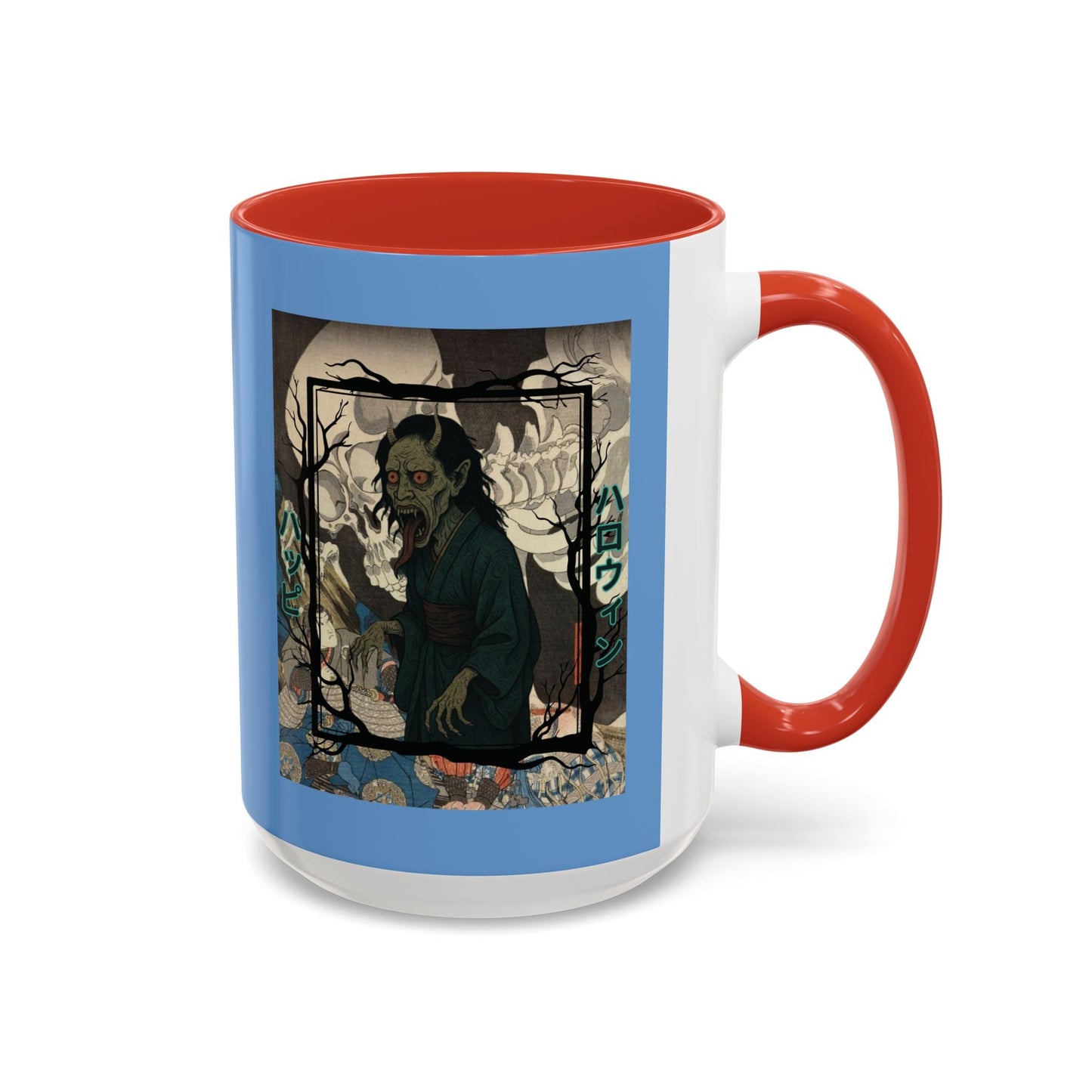 Yōkai Happy Halloween Light Blue Accent Mug by cypherpunkgear.com – cypherpunkgear.com | Cypherpunk Merch