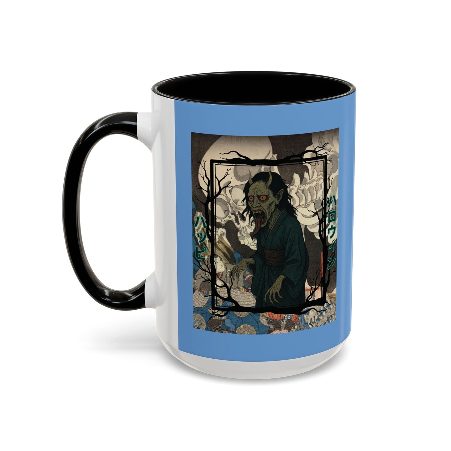Yōkai Happy Halloween Light Blue Accent Mug by cypherpunkgear.com – cypherpunkgear.com | Cypherpunk Merch