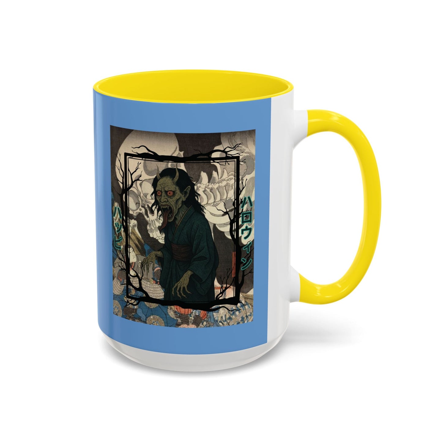 Yōkai Happy Halloween Light Blue Accent Mug by cypherpunkgear.com – cypherpunkgear.com | Cypherpunk Merch