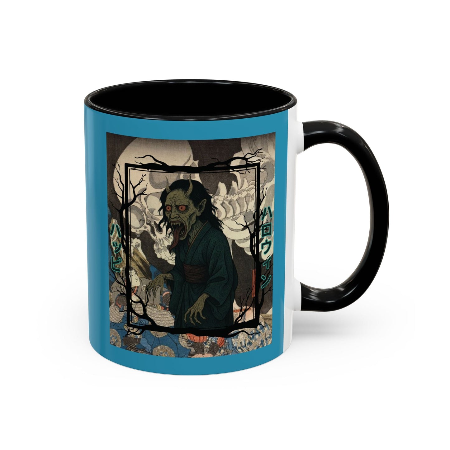 Yōkai Happy Halloween Turquoise Accent Mug by cypherpunkgear.com – cypherpunkgear.com | Cypherpunk Merch