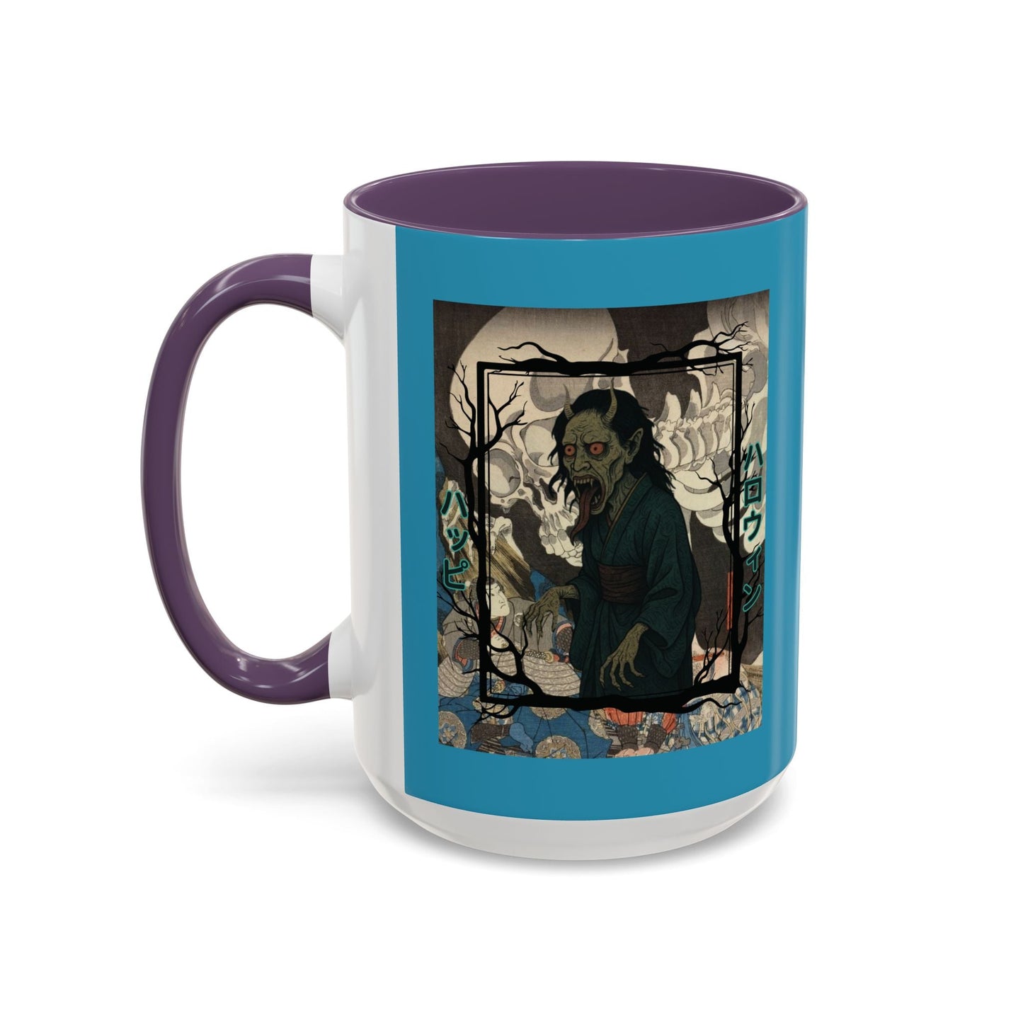 Yōkai Happy Halloween Turquoise Accent Mug by cypherpunkgear.com – cypherpunkgear.com | Cypherpunk Merch
