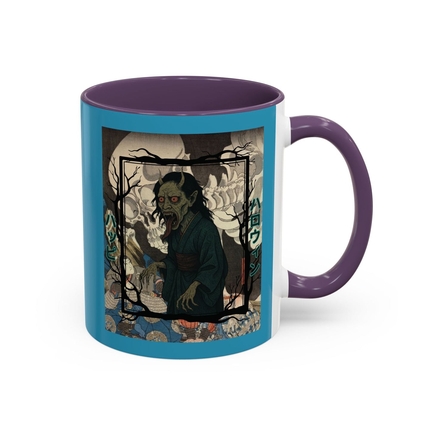 Yōkai Happy Halloween Turquoise Accent Mug by cypherpunkgear.com – cypherpunkgear.com | Cypherpunk Merch