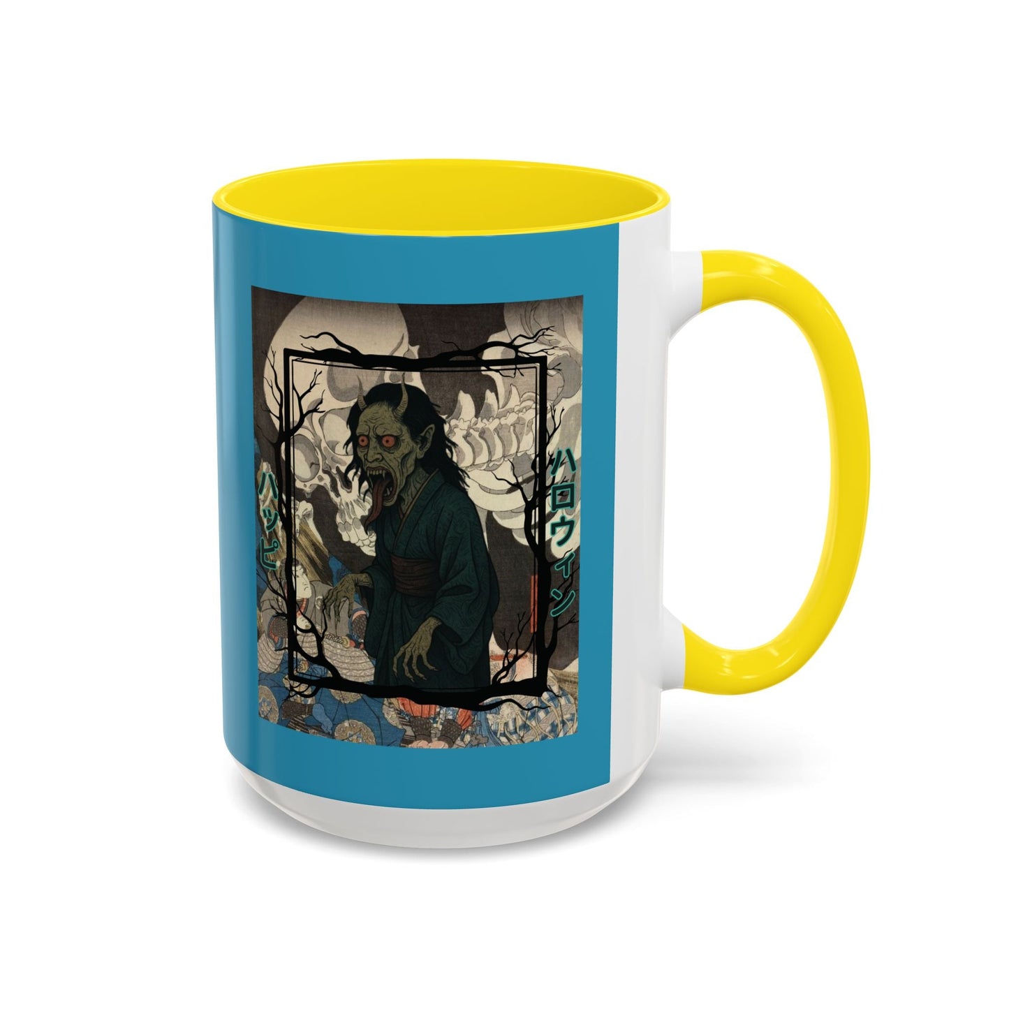 Yōkai Happy Halloween Turquoise Accent Mug by cypherpunkgear.com – cypherpunkgear.com | Cypherpunk Merch