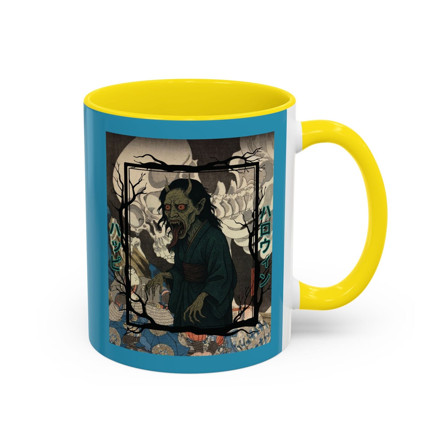 Yōkai Happy Halloween Turquoise Accent Mug by cypherpunkgear.com – cypherpunkgear.com | Cypherpunk Merch