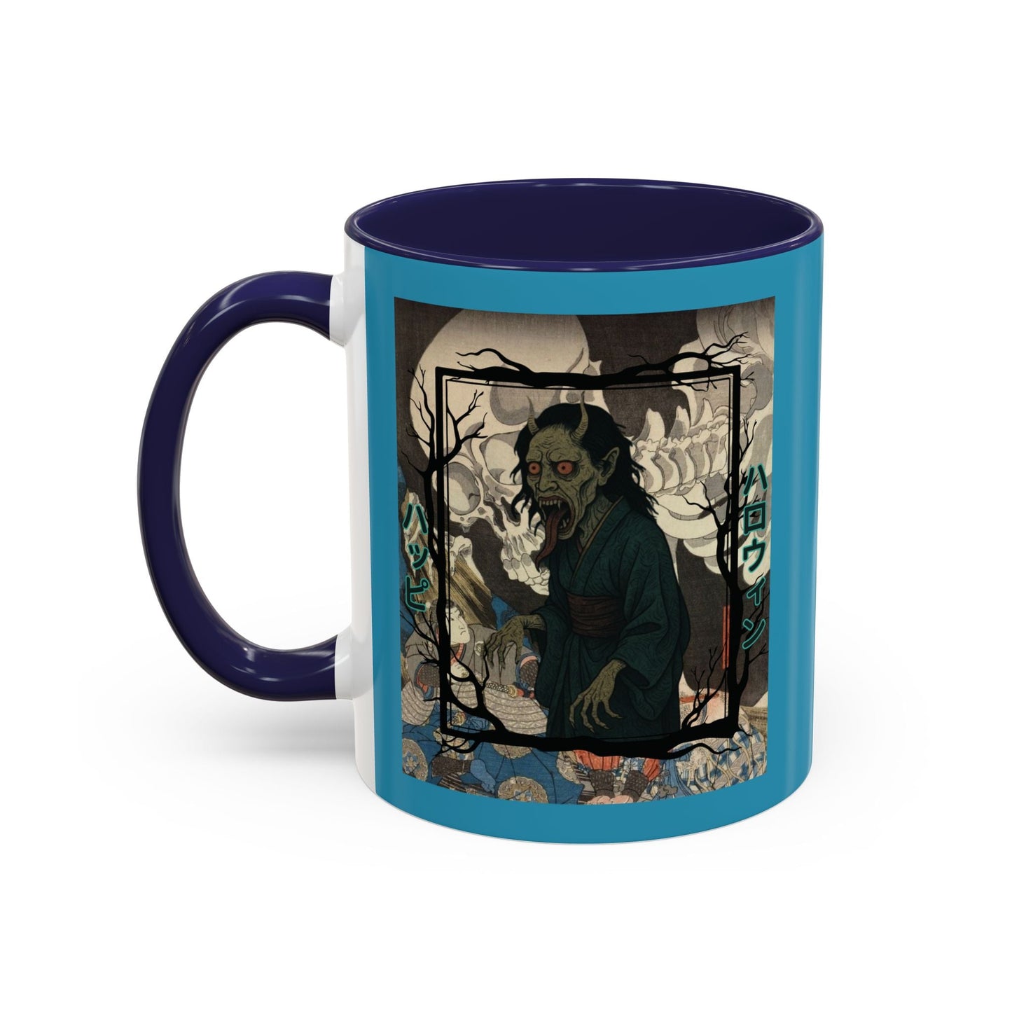 Yōkai Happy Halloween Turquoise Accent Mug by cypherpunkgear.com – cypherpunkgear.com | Cypherpunk Merch