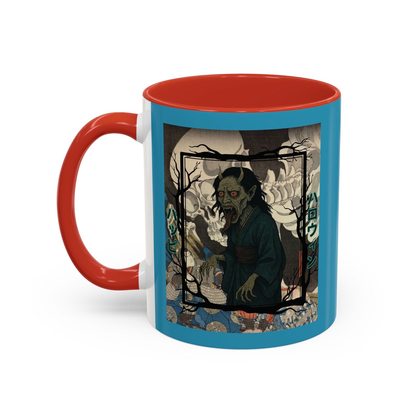 Yōkai Happy Halloween Turquoise Accent Mug by cypherpunkgear.com – cypherpunkgear.com | Cypherpunk Merch