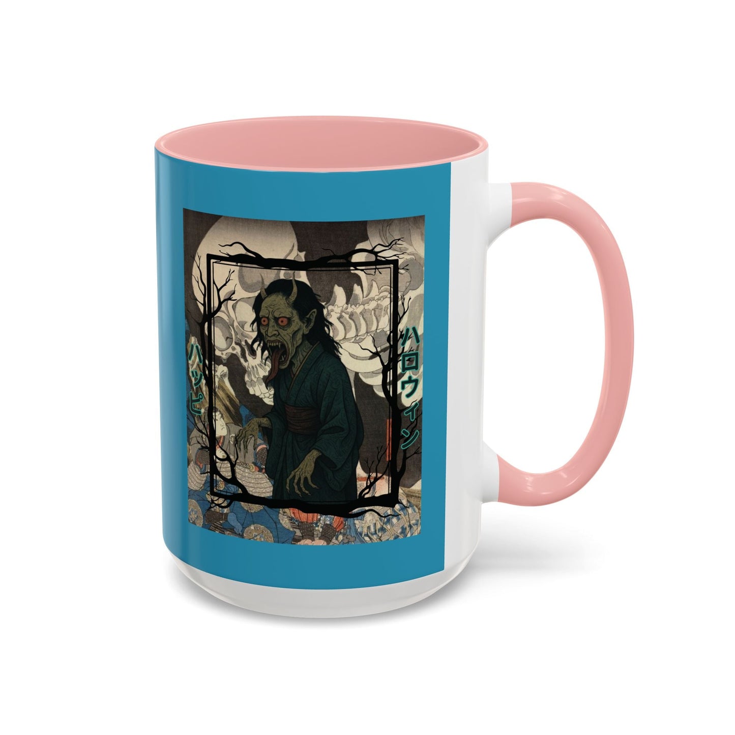 Yōkai Happy Halloween Turquoise Accent Mug by cypherpunkgear.com – cypherpunkgear.com | Cypherpunk Merch