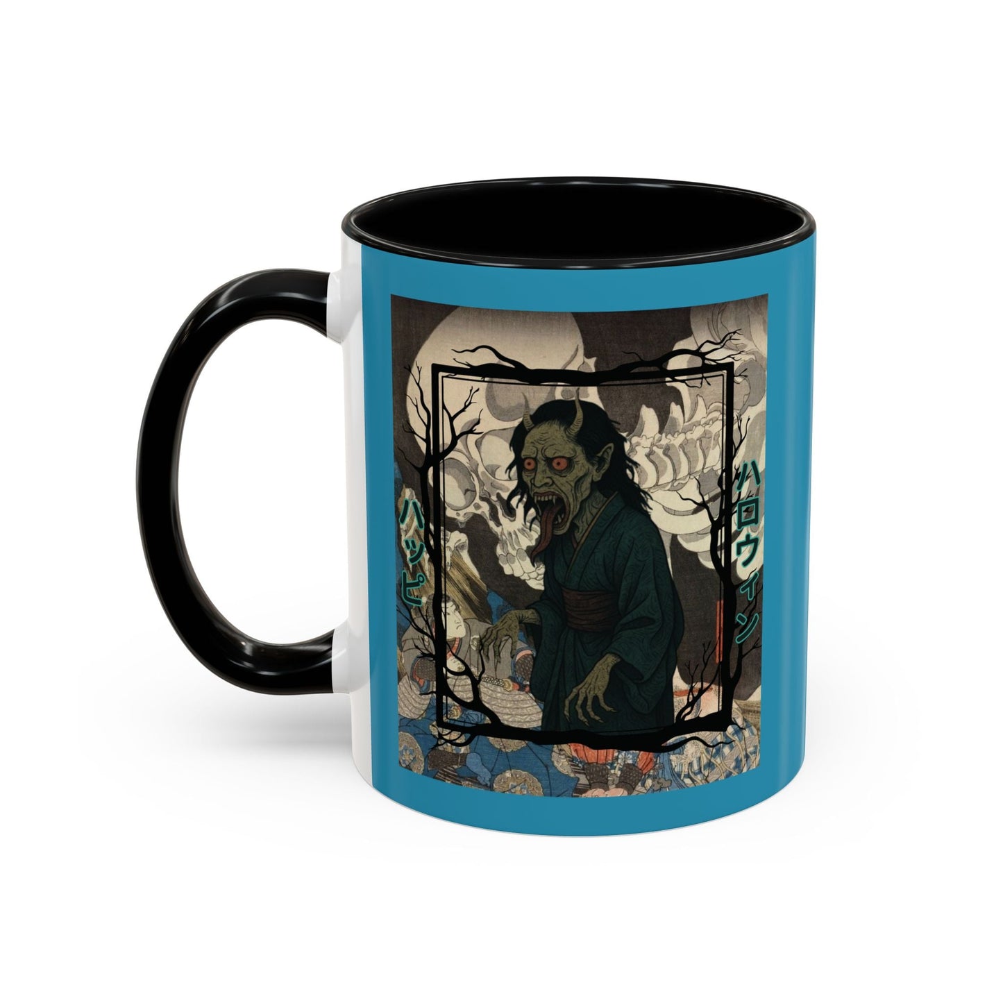 Yōkai Happy Halloween Turquoise Accent Mug by cypherpunkgear.com – cypherpunkgear.com | Cypherpunk Merch