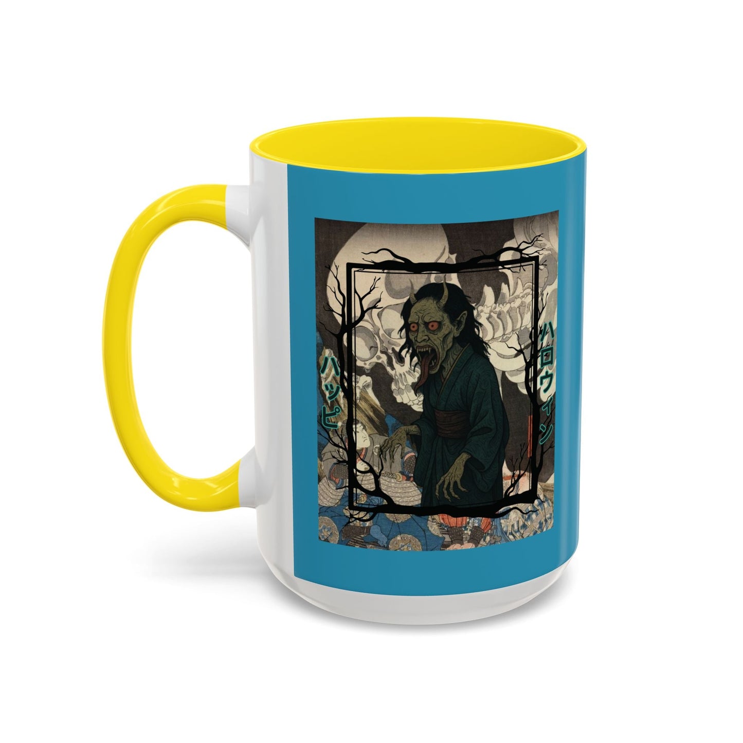 Yōkai Happy Halloween Turquoise Accent Mug by cypherpunkgear.com – cypherpunkgear.com | Cypherpunk Merch