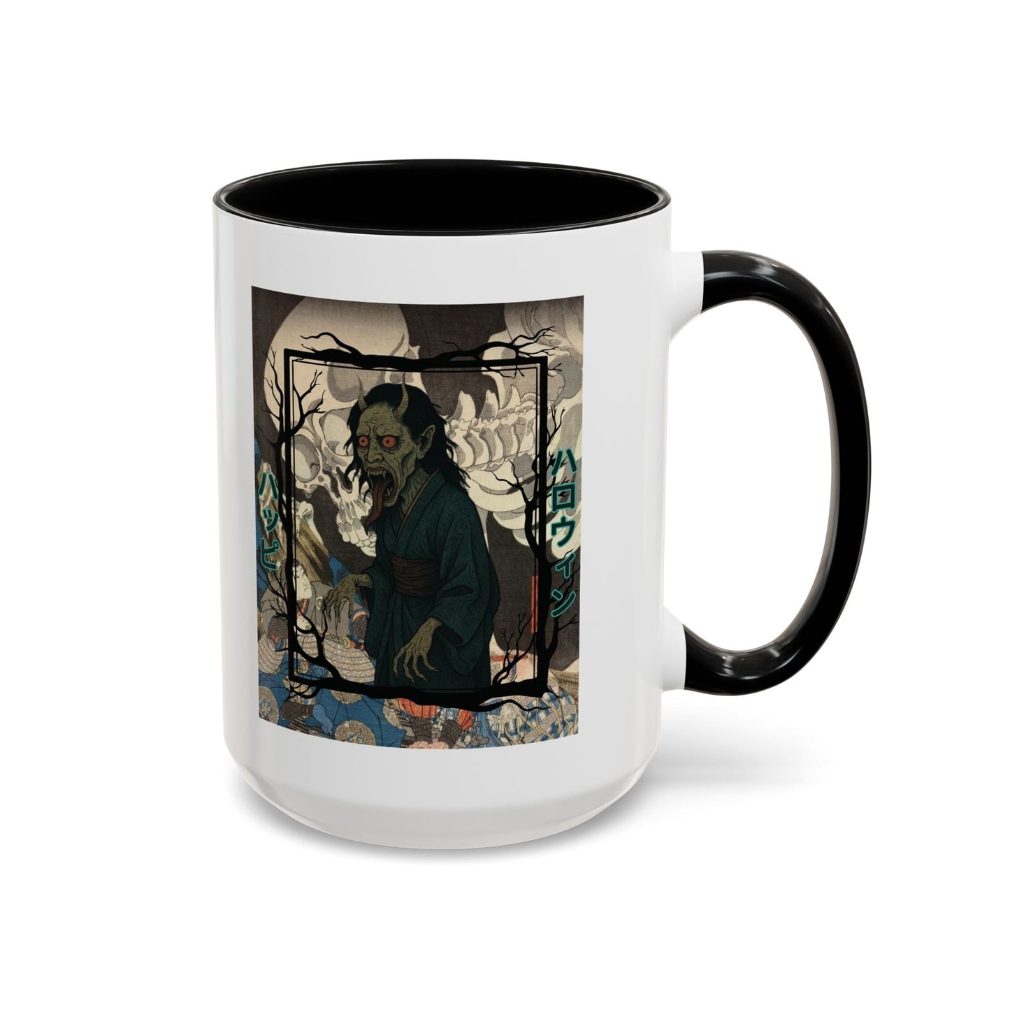Yōkai Happy Halloween White Accent Mug by cypherpunkgear.com – cypherpunkgear.com | Cypherpunk Merch