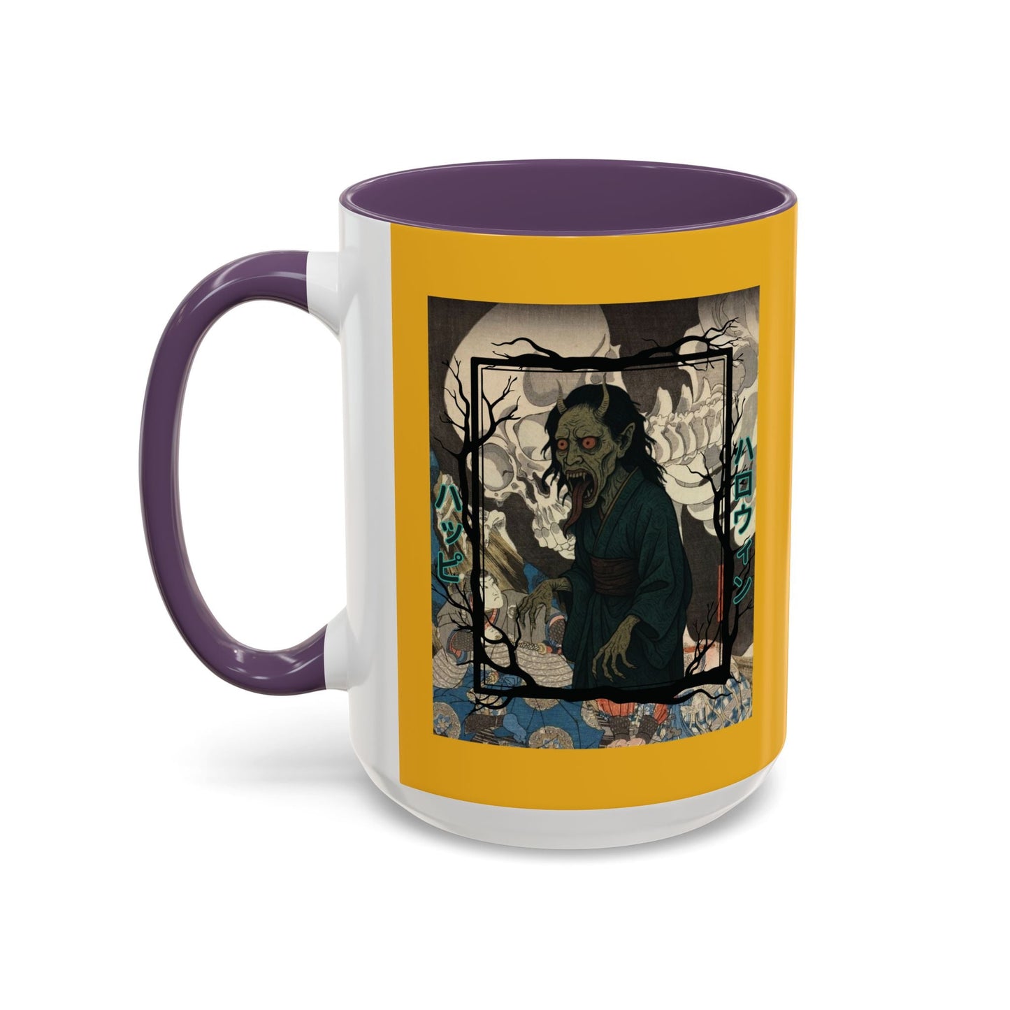 Yōkai Happy Halloween Yellow Accent Mug by cypherpunkgear.com – cypherpunkgear.com | Cypherpunk Merch