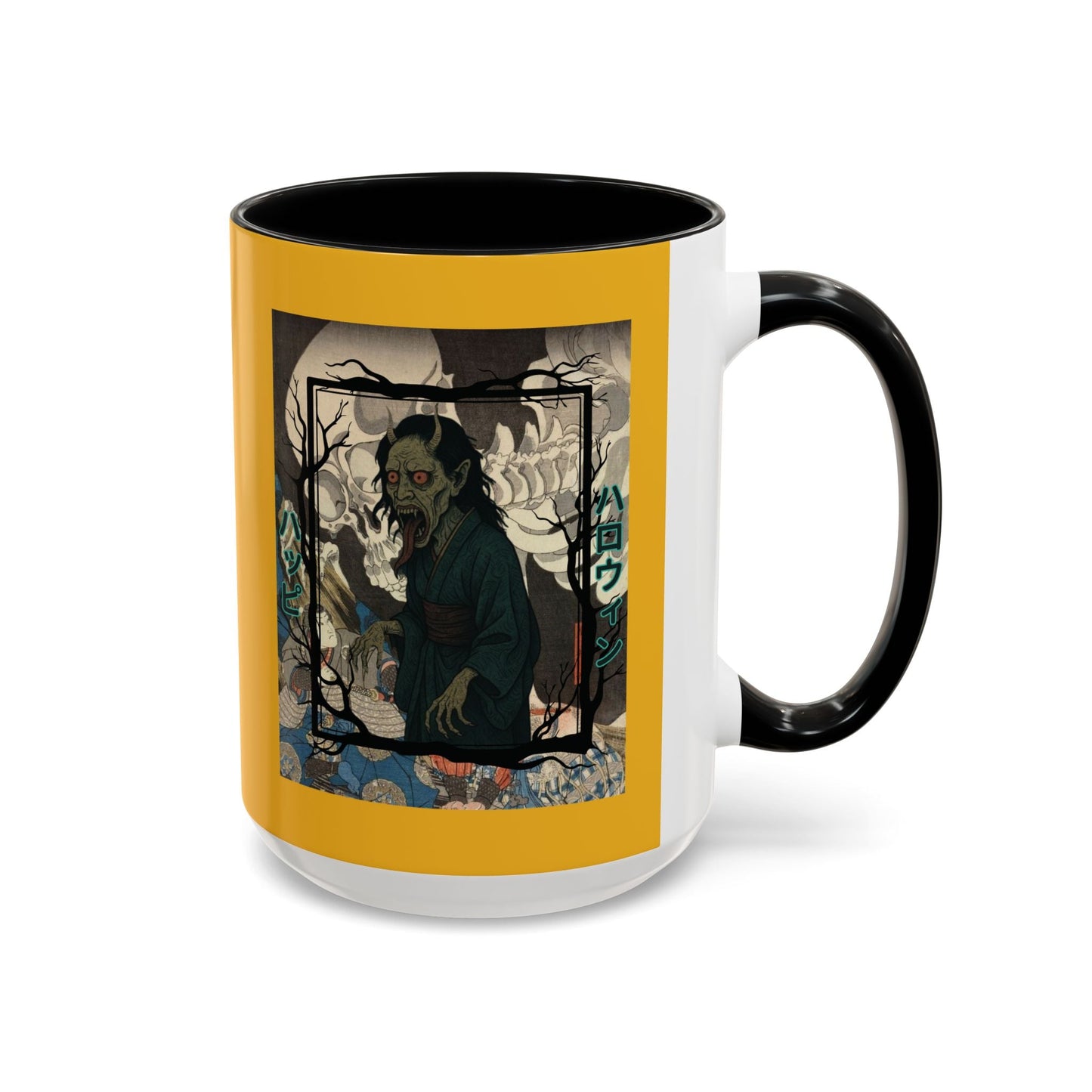 Yōkai Happy Halloween Yellow Accent Mug by cypherpunkgear.com – cypherpunkgear.com | Cypherpunk Merch