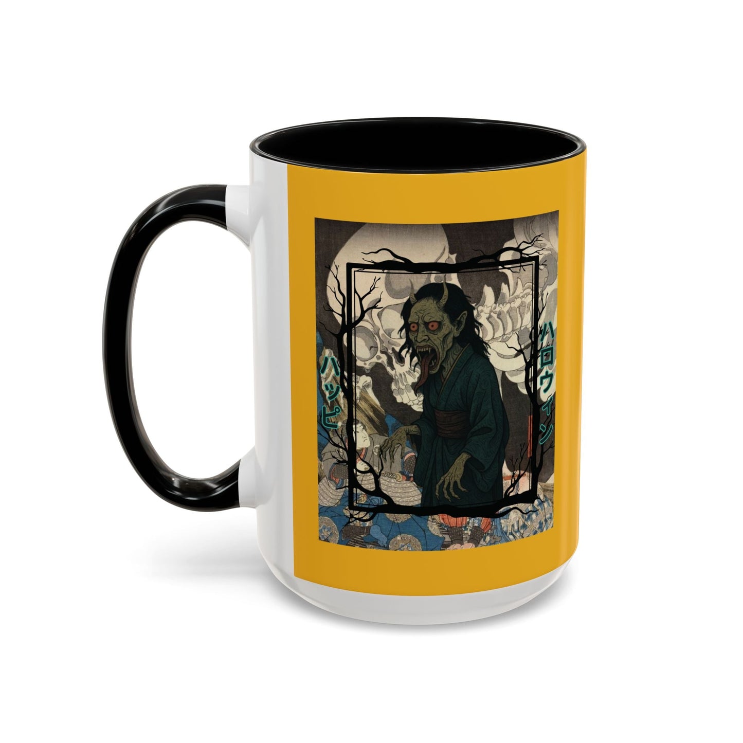 Yōkai Happy Halloween Yellow Accent Mug by cypherpunkgear.com – cypherpunkgear.com | Cypherpunk Merch