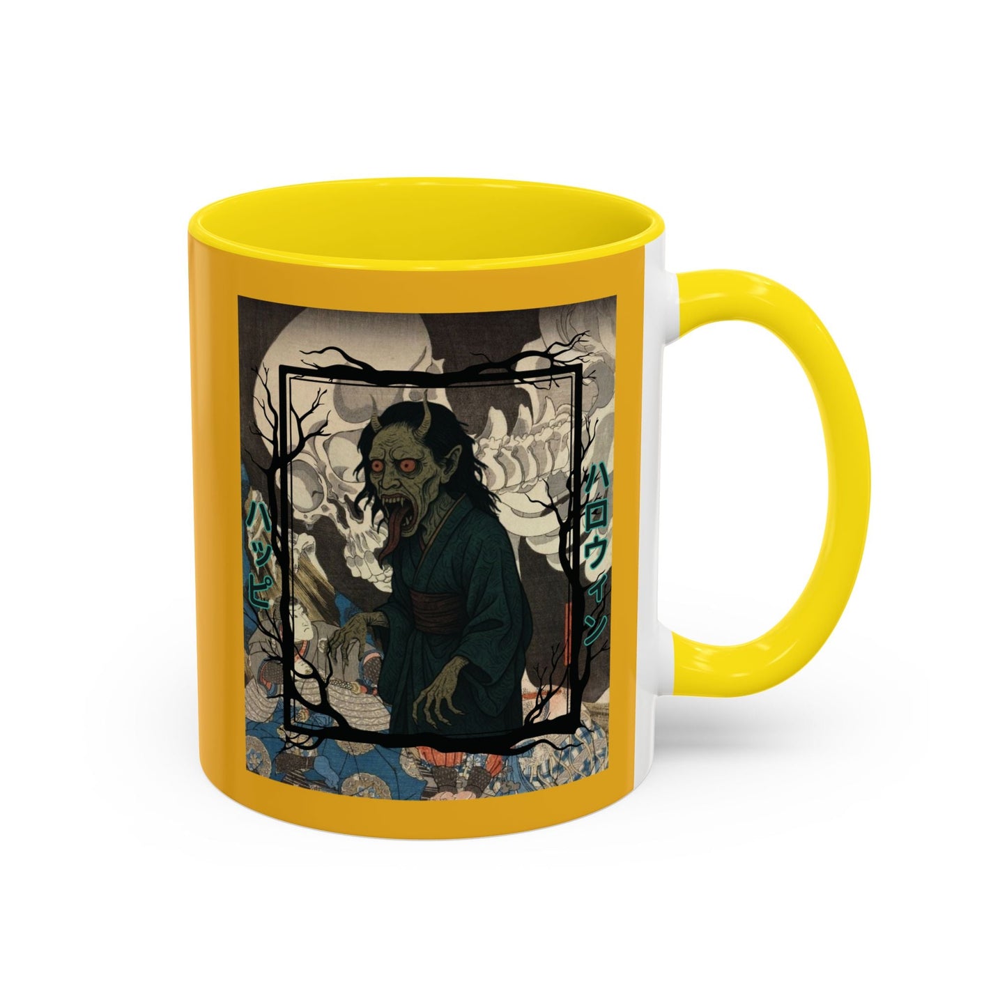 Yōkai Happy Halloween Yellow Accent Mug by cypherpunkgear.com – cypherpunkgear.com | Cypherpunk Merch