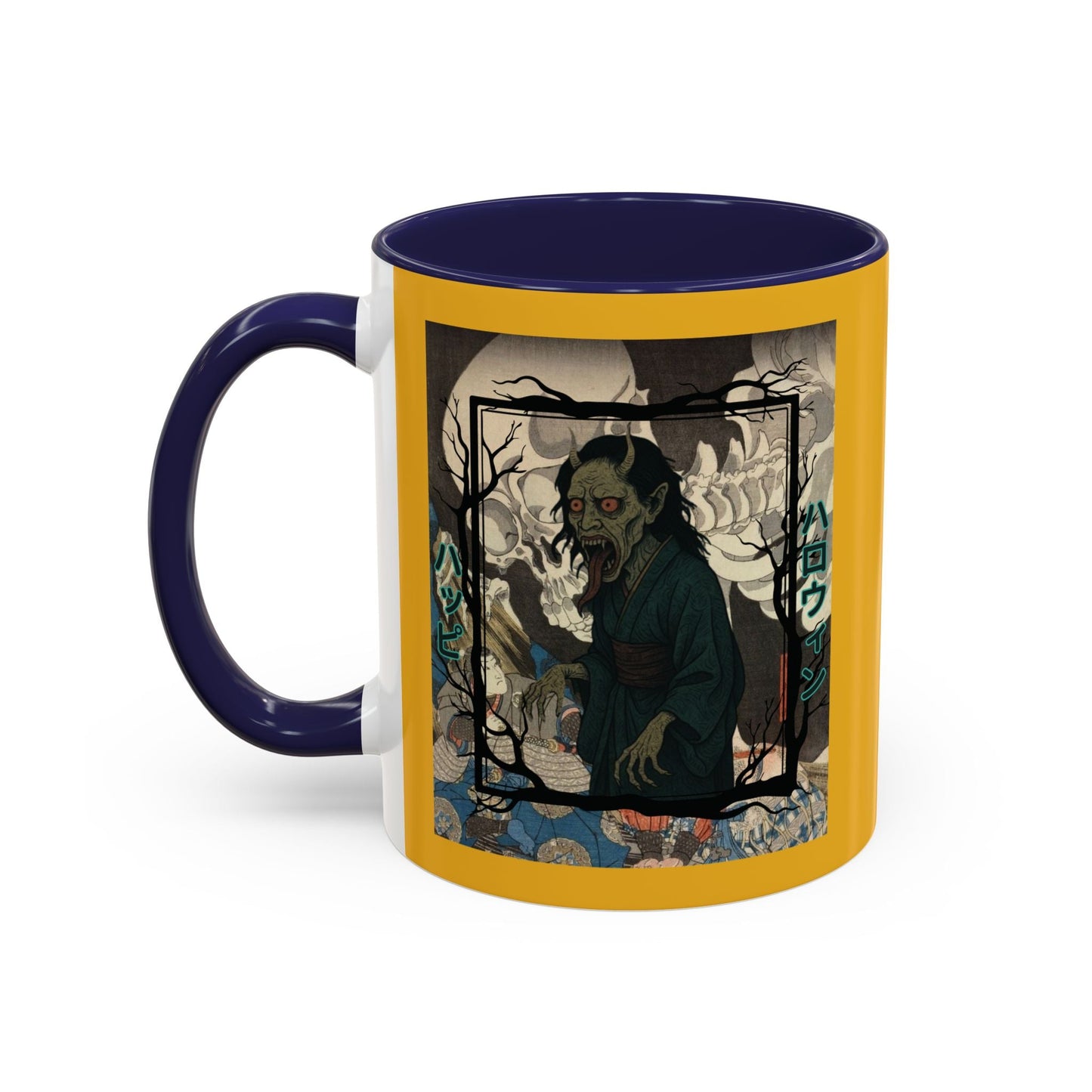Yōkai Happy Halloween Yellow Accent Mug by cypherpunkgear.com – cypherpunkgear.com | Cypherpunk Merch