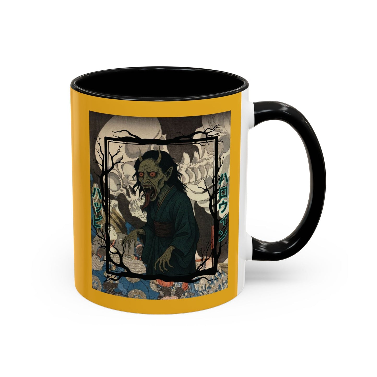 Yōkai Happy Halloween Yellow Accent Mug by cypherpunkgear.com – cypherpunkgear.com | Cypherpunk Merch