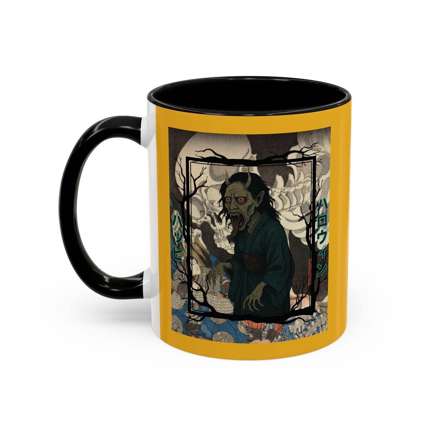 Yōkai Happy Halloween Yellow Accent Mug by cypherpunkgear.com – cypherpunkgear.com | Cypherpunk Merch