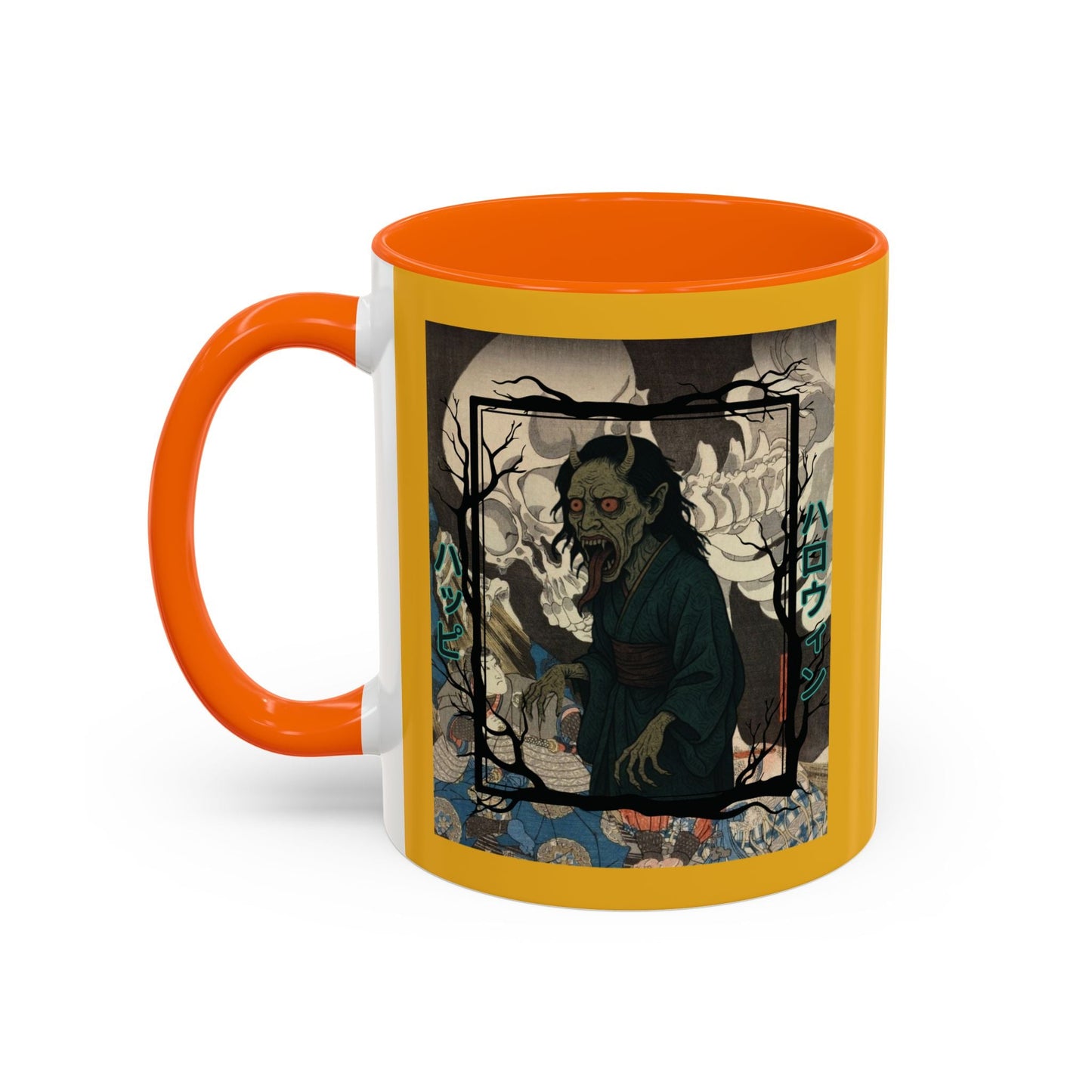 Yōkai Happy Halloween Yellow Accent Mug by cypherpunkgear.com – cypherpunkgear.com | Cypherpunk Merch