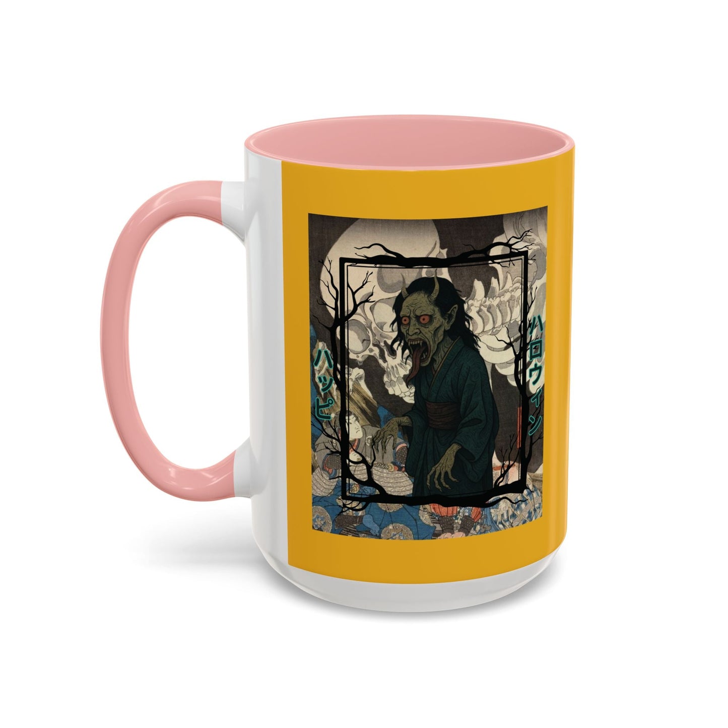 Yōkai Happy Halloween Yellow Accent Mug by cypherpunkgear.com – cypherpunkgear.com | Cypherpunk Merch