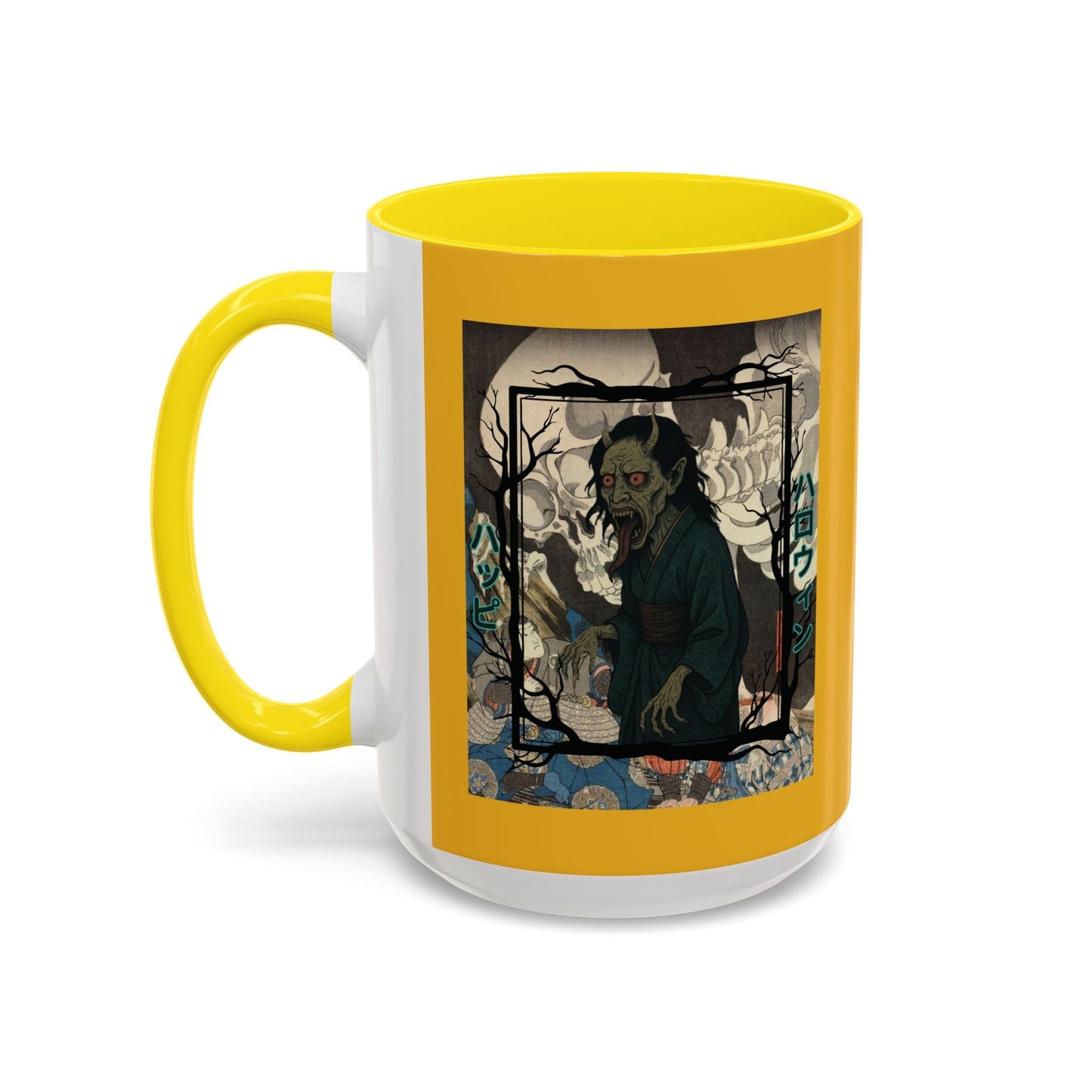 Yōkai Happy Halloween Yellow Accent Mug by cypherpunkgear.com – cypherpunkgear.com | Cypherpunk Merch