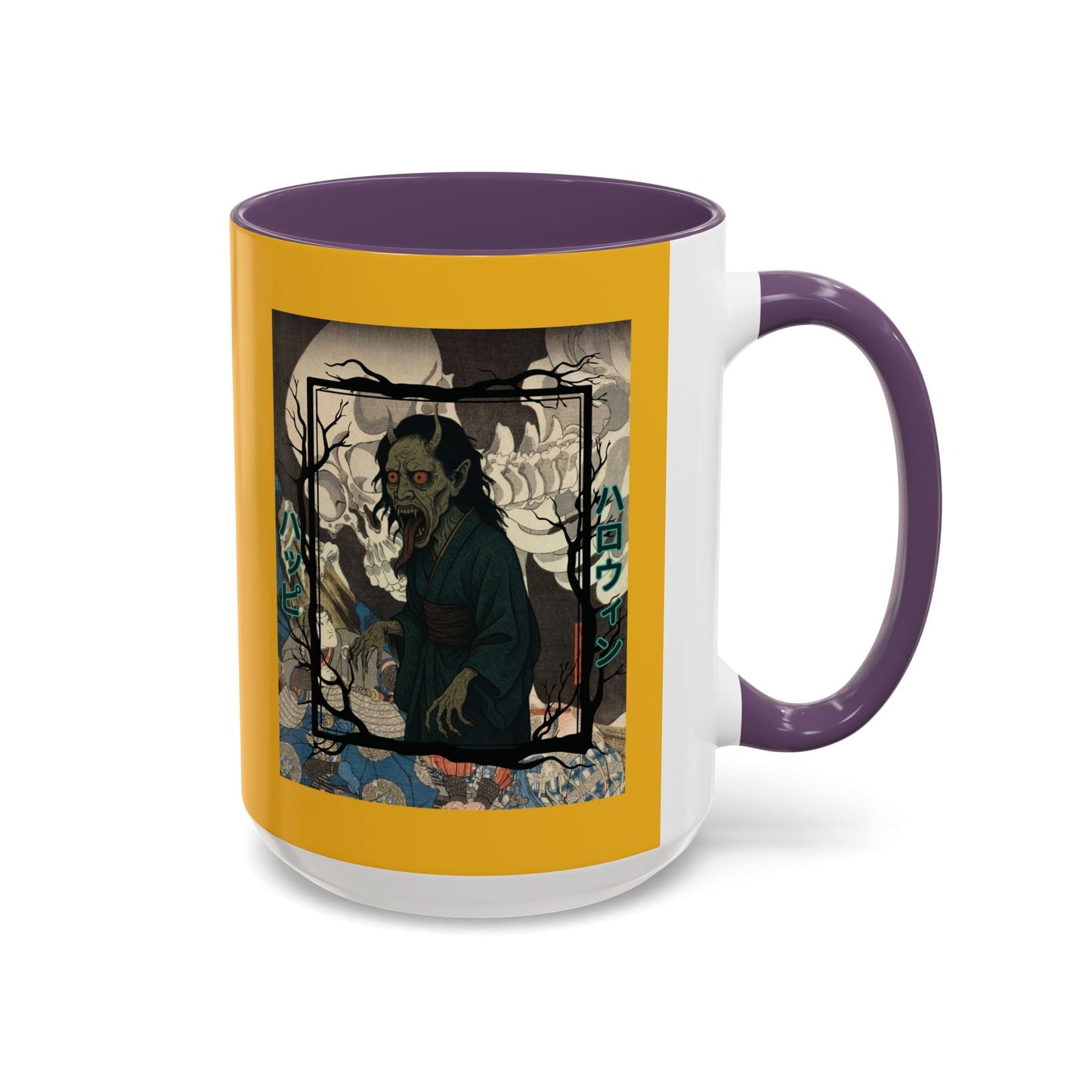 Yōkai Happy Halloween Yellow Accent Mug by cypherpunkgear.com – cypherpunkgear.com | Cypherpunk Merch