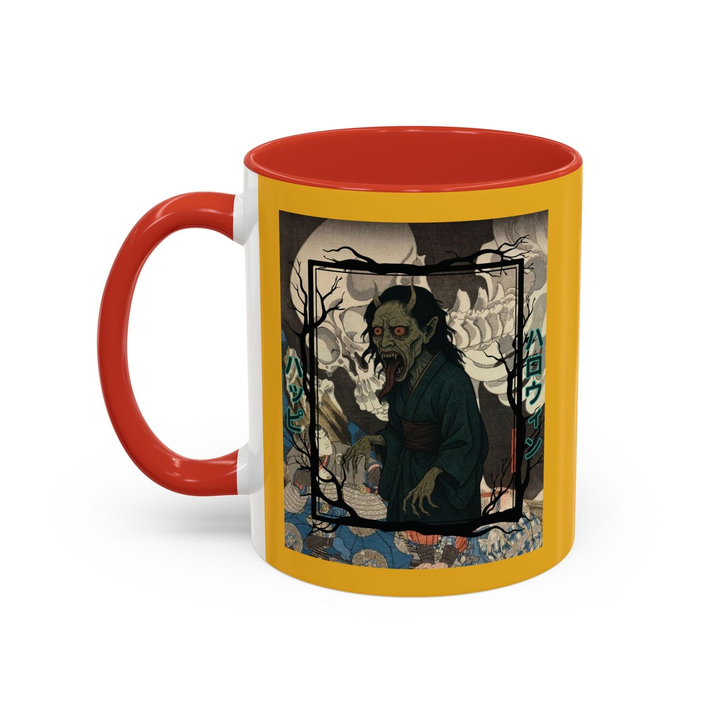 Yōkai Happy Halloween Yellow Accent Mug by cypherpunkgear.com – cypherpunkgear.com | Cypherpunk Merch