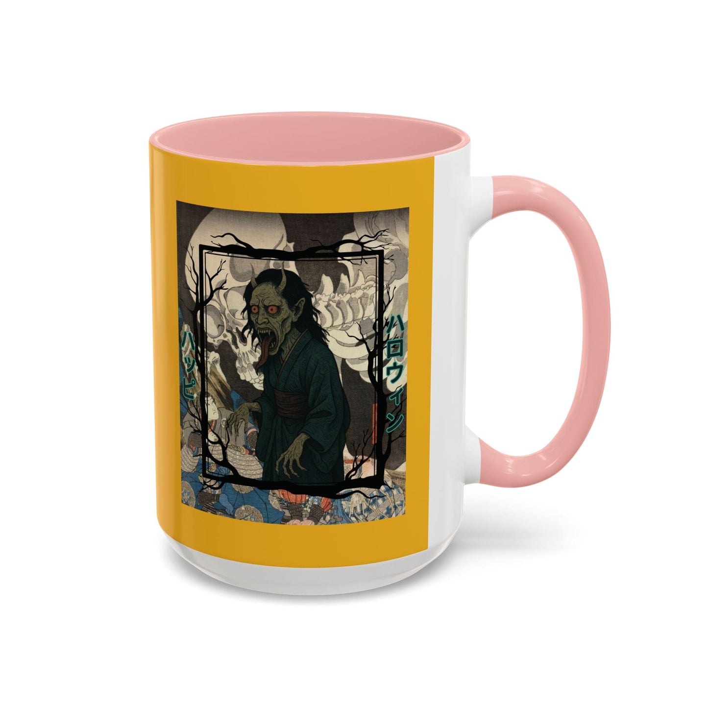 Yōkai Happy Halloween Yellow Accent Mug by cypherpunkgear.com – cypherpunkgear.com | Cypherpunk Merch