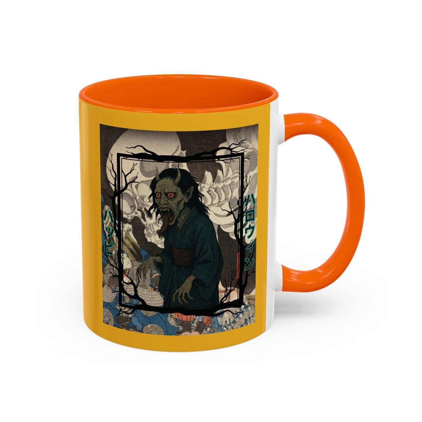 Yōkai Happy Halloween Yellow Accent Mug by cypherpunkgear.com – cypherpunkgear.com | Cypherpunk Merch