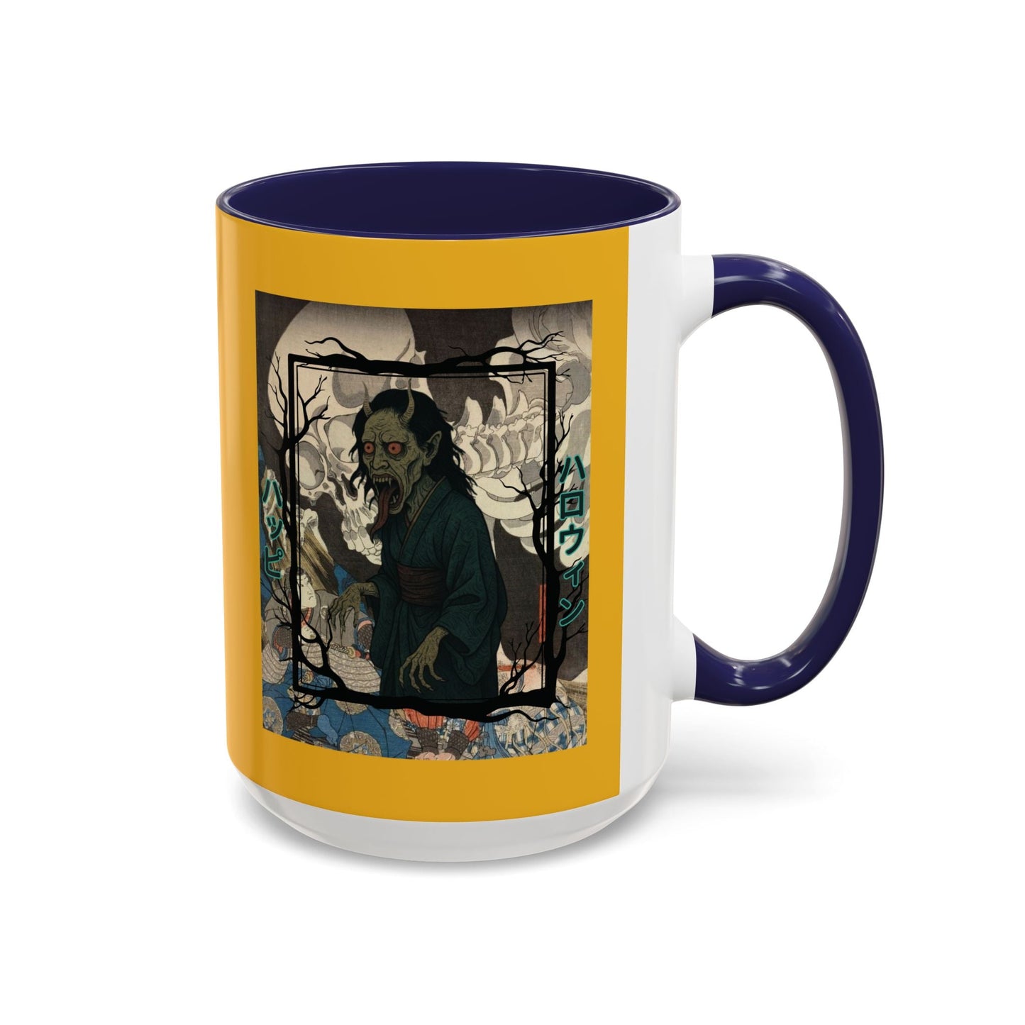 Yōkai Happy Halloween Yellow Accent Mug by cypherpunkgear.com – cypherpunkgear.com | Cypherpunk Merch